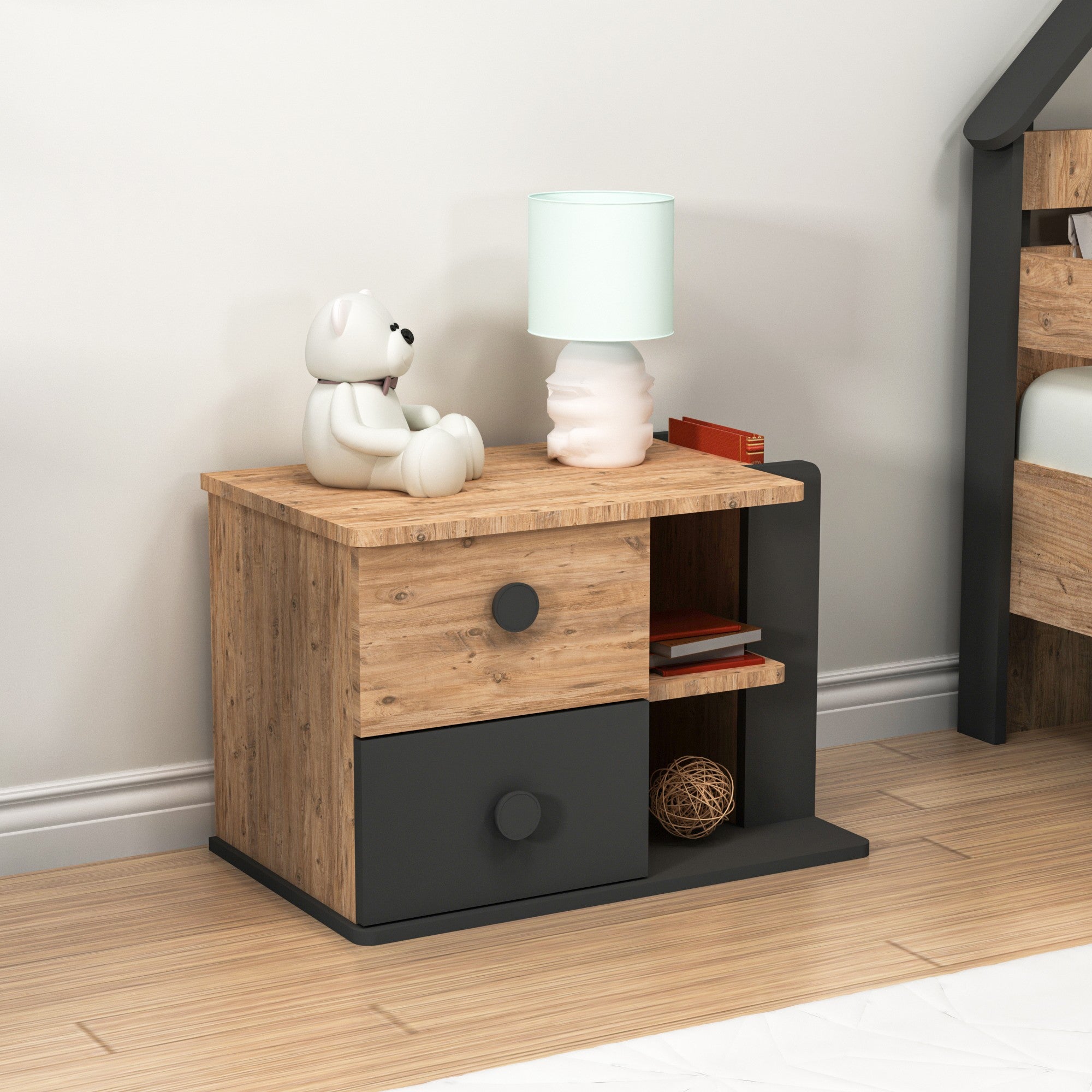 Mesa de Cabeceira – 65 cm x 44.6 cm x 40.3 cm – Pinho Atlântico e Antracite – Painel de Partículas