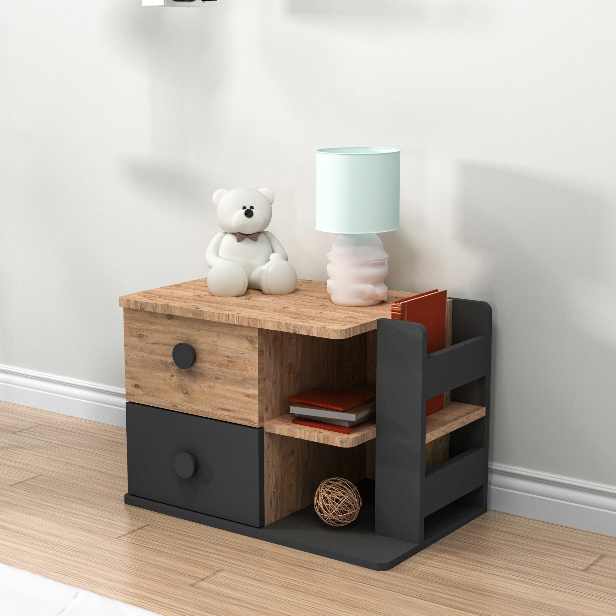 Mesa de Cabeceira – 65 cm x 44.6 cm x 40.3 cm – Pinho Atlântico e Antracite – Painel de Partículas
