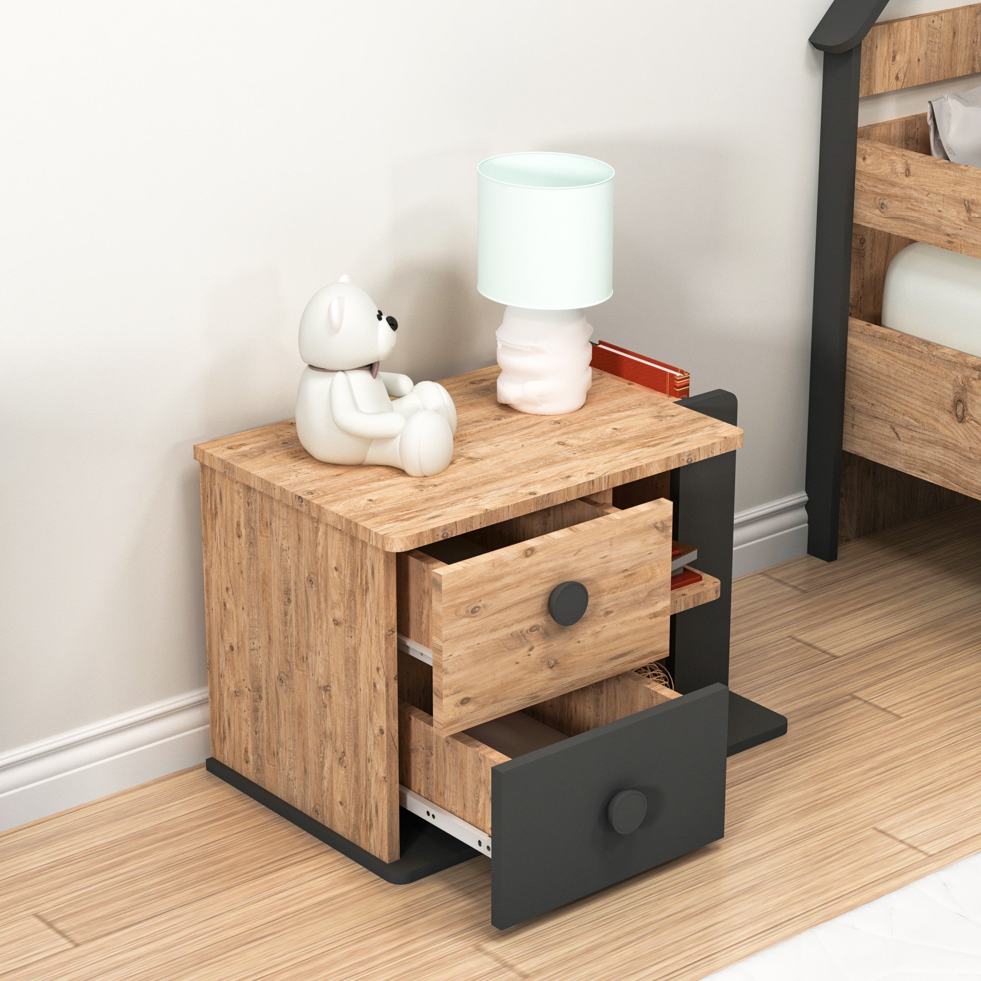 Mesa de Cabeceira – 65 cm x 44.6 cm x 40.3 cm – Pinho Atlântico e Antracite – Painel de Partículas