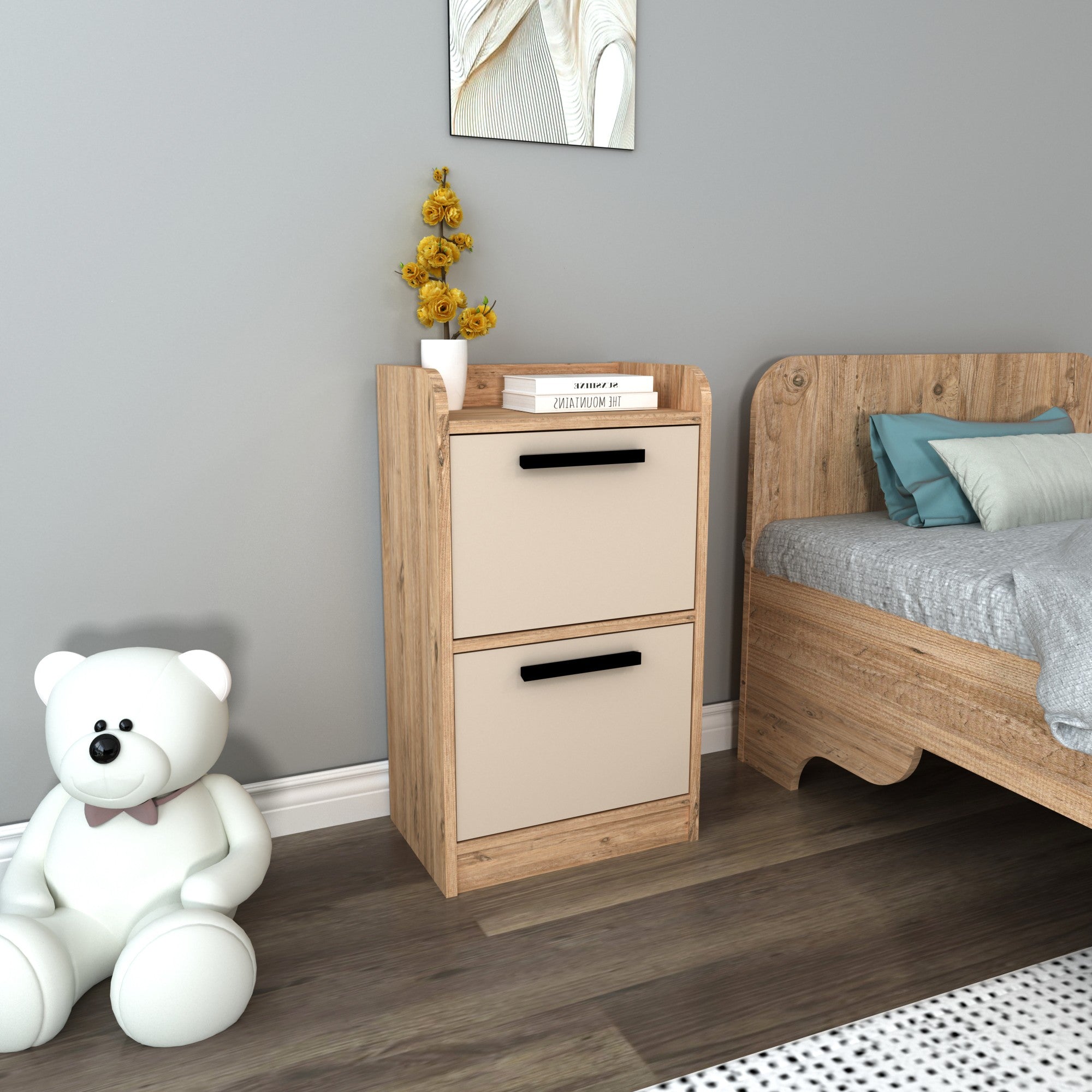 Mesa de cabeceira – 45 cm largura, 29.6 cm altura, 79.4 cm profundidade – Bege – Painel de partículas revestido a melamina