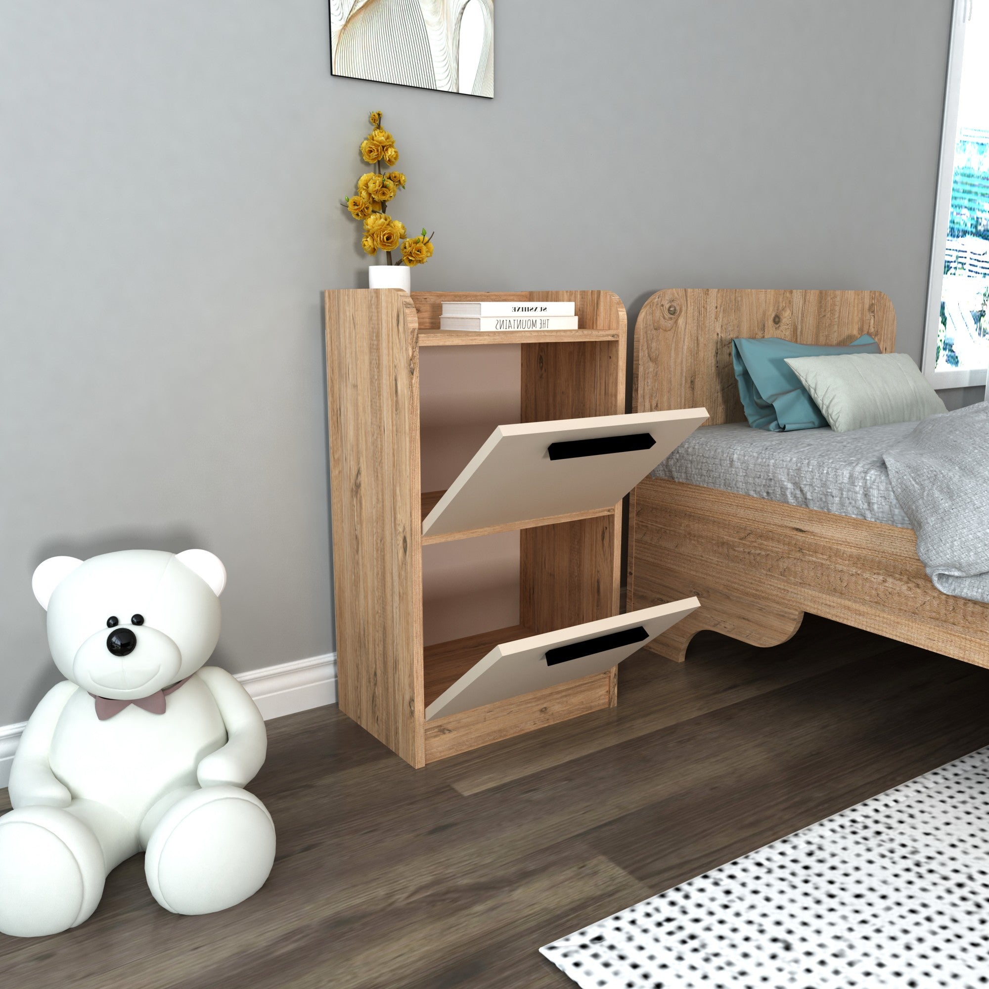 Mesa de cabeceira – 45 cm largura, 29.6 cm altura, 79.4 cm profundidade – Bege – Painel de partículas revestido a melamina