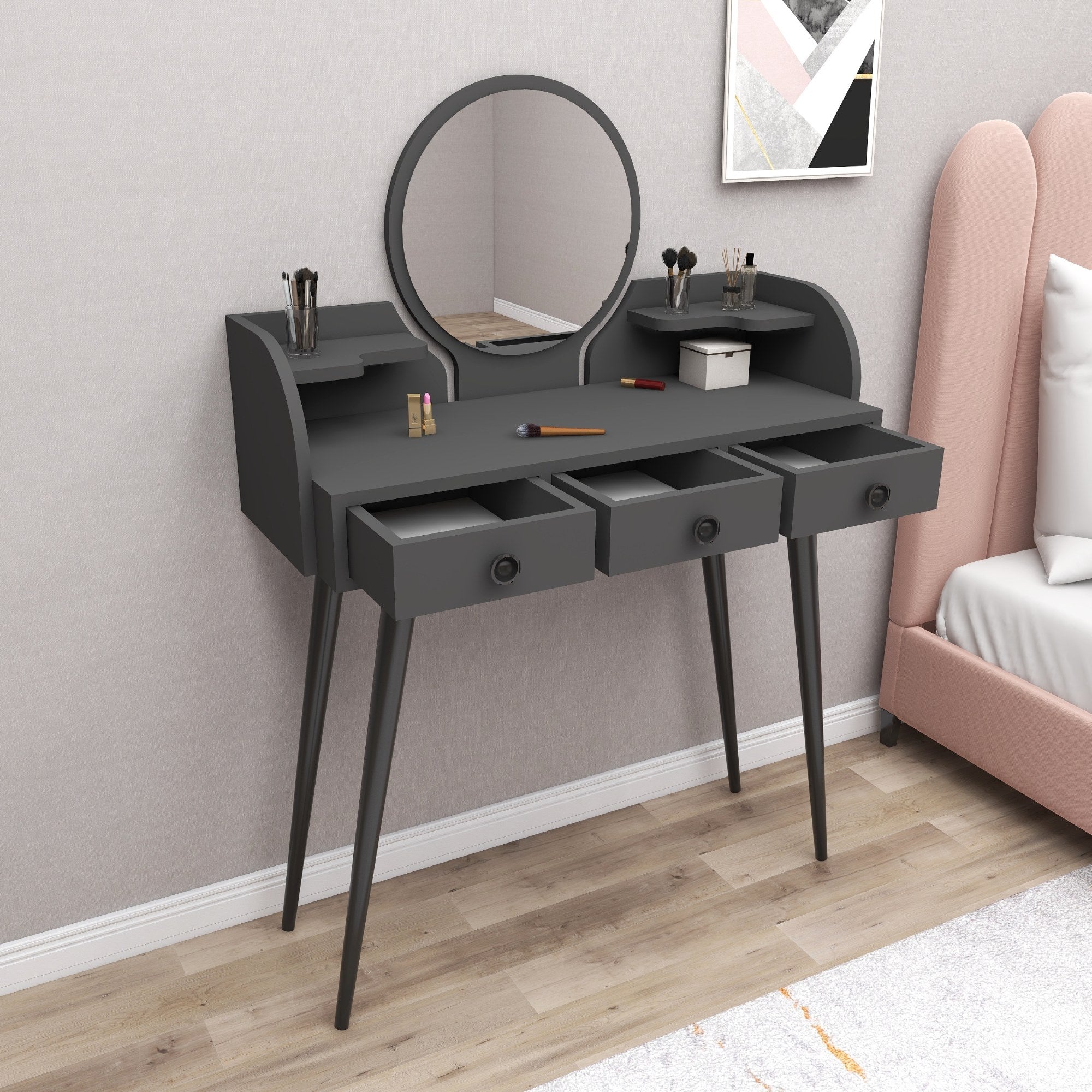 Toucador – 133.6cm x 93.6cm x 37cm – Antracite – Painéis de partículas revestidos a melamina