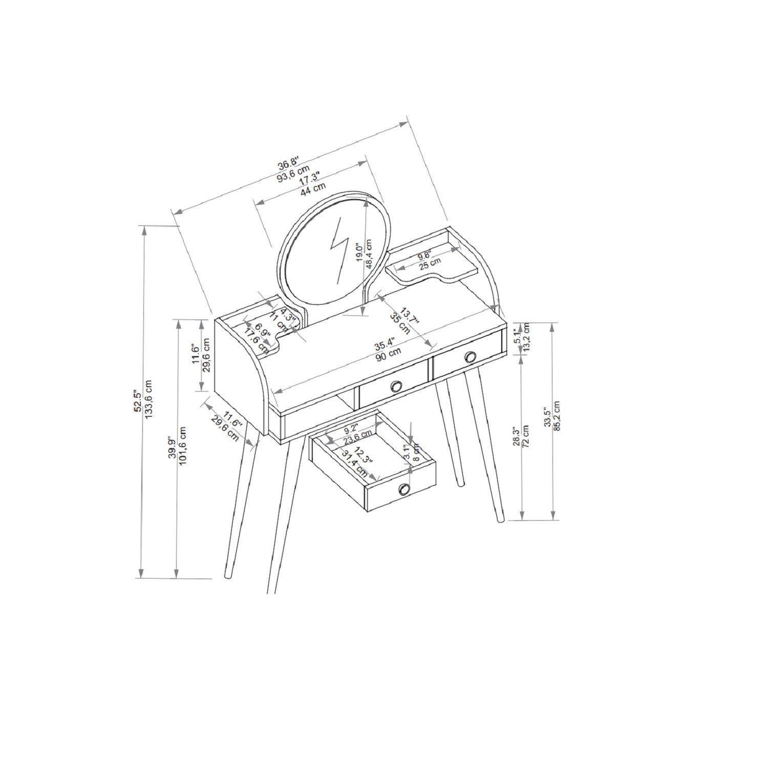 Toucador – 133.6cm x 93.6cm x 37cm – Antracite – Painéis de partículas revestidos a melamina