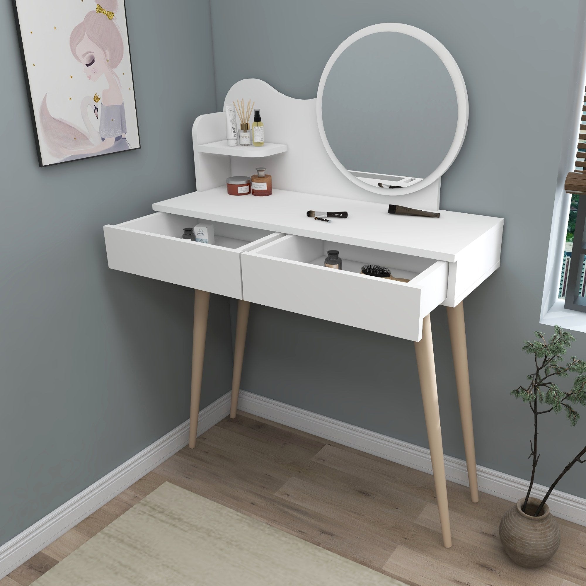 Toucador – 132.2cm x 90cm x 35cm – Branco – Painéis de partículas revestidos a melamina