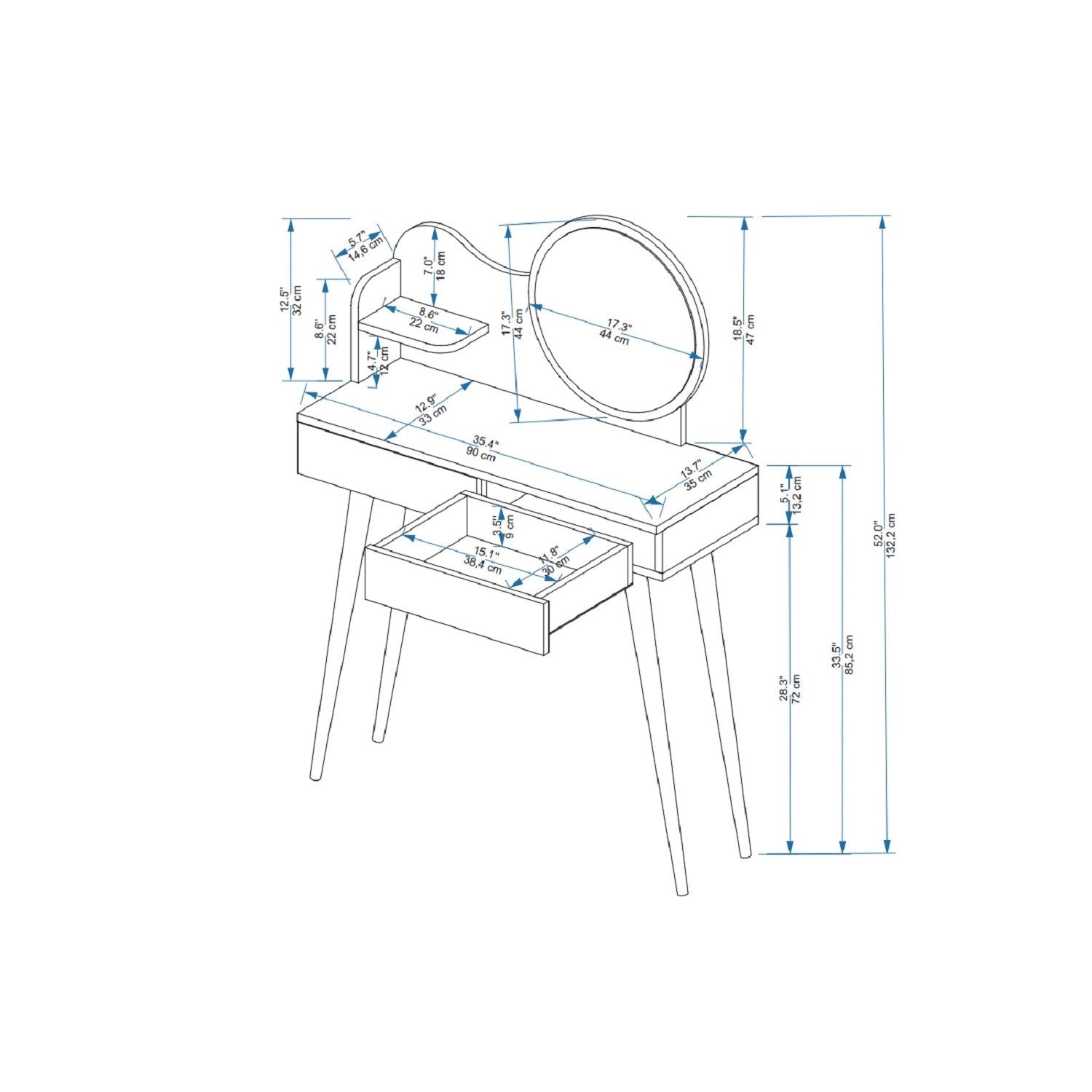 Toucador – 132.2cm x 90cm x 35cm – Branco – Painéis de partículas revestidos a melamina