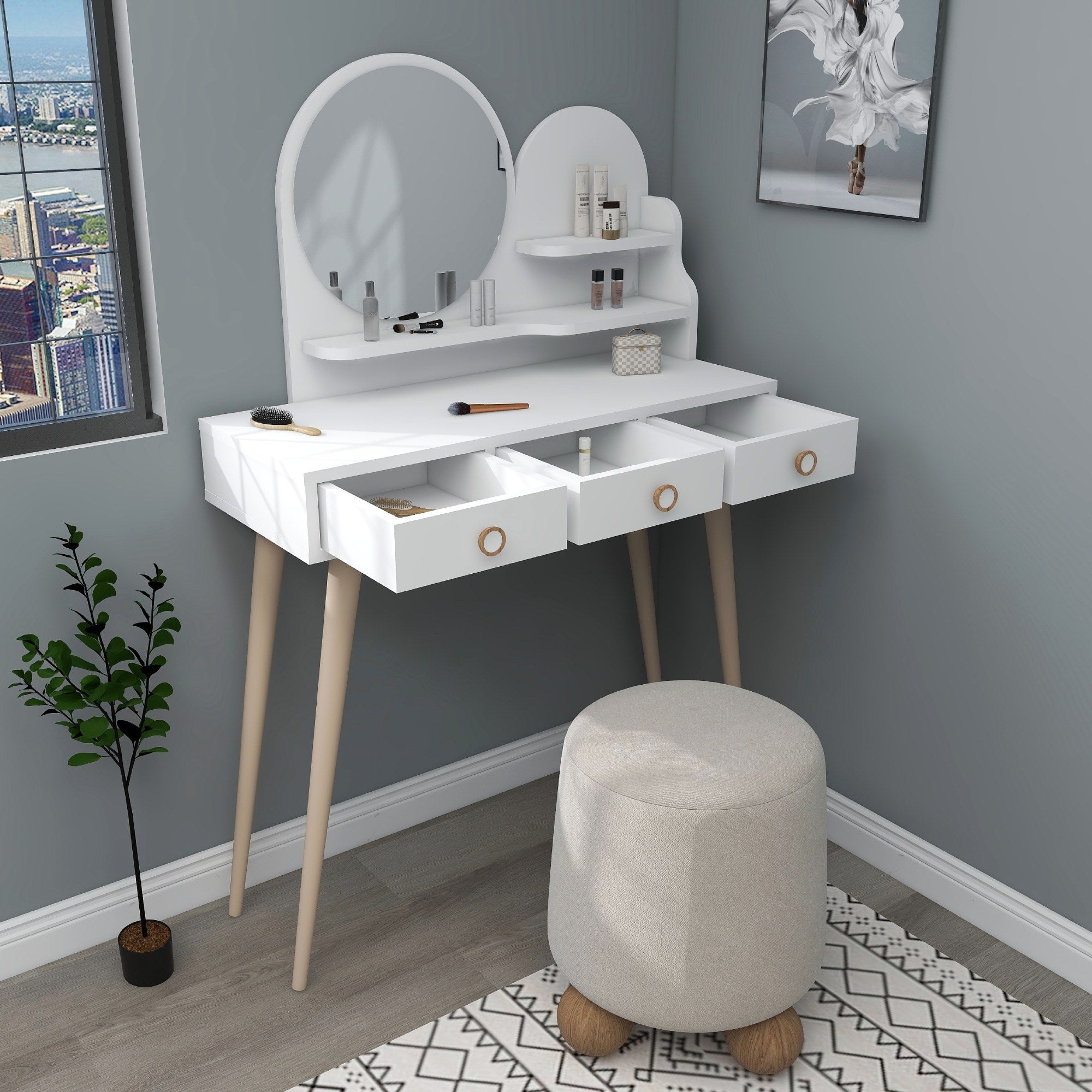 Toucador – 130,8 cm x 74 cm x 35 cm – Branca – Melamina e madeira de faia