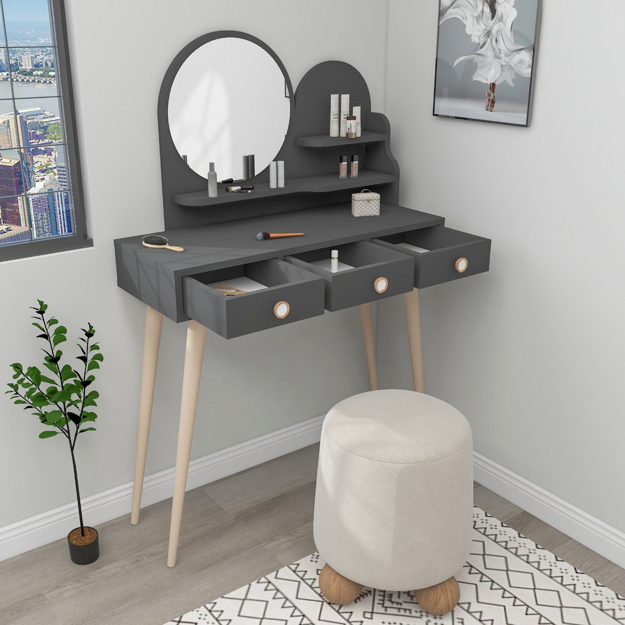 Toucador – 130.8cm x 74cm x 35cm – Antracite – Madeira de Faia