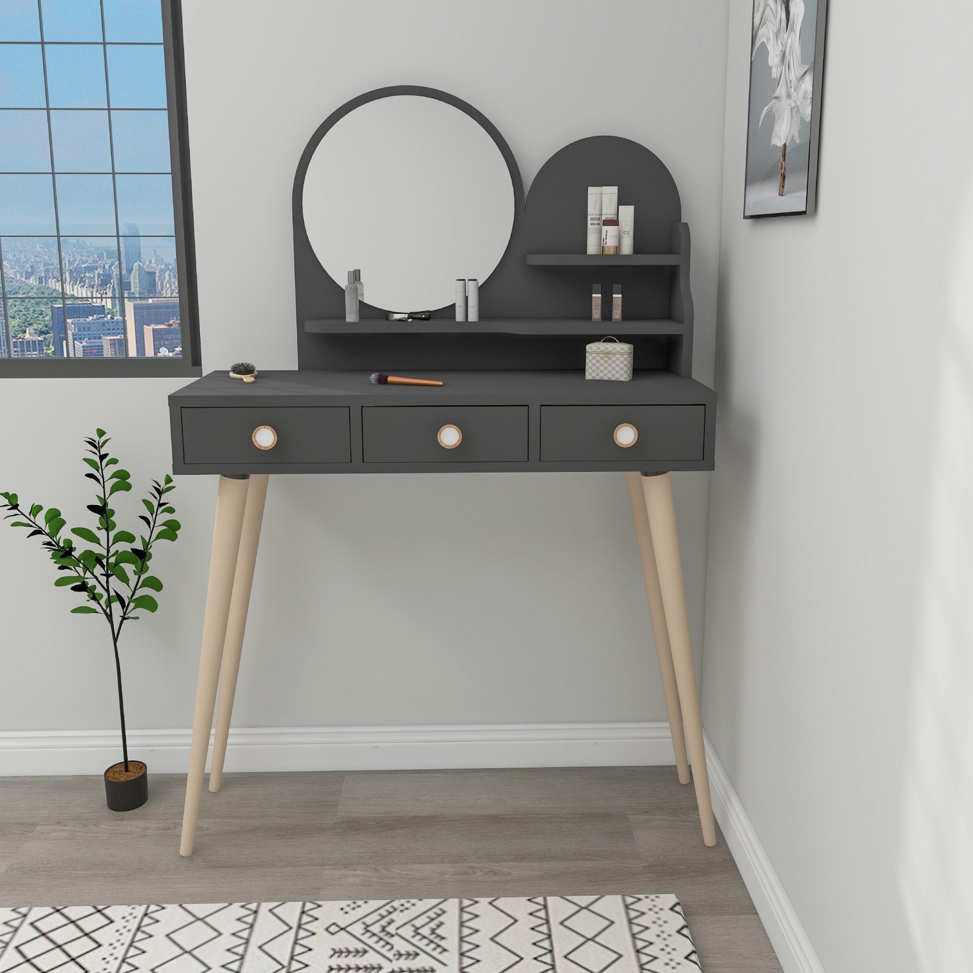 Toucador – 130.8cm x 74cm x 35cm – Antracite – Madeira de Faia