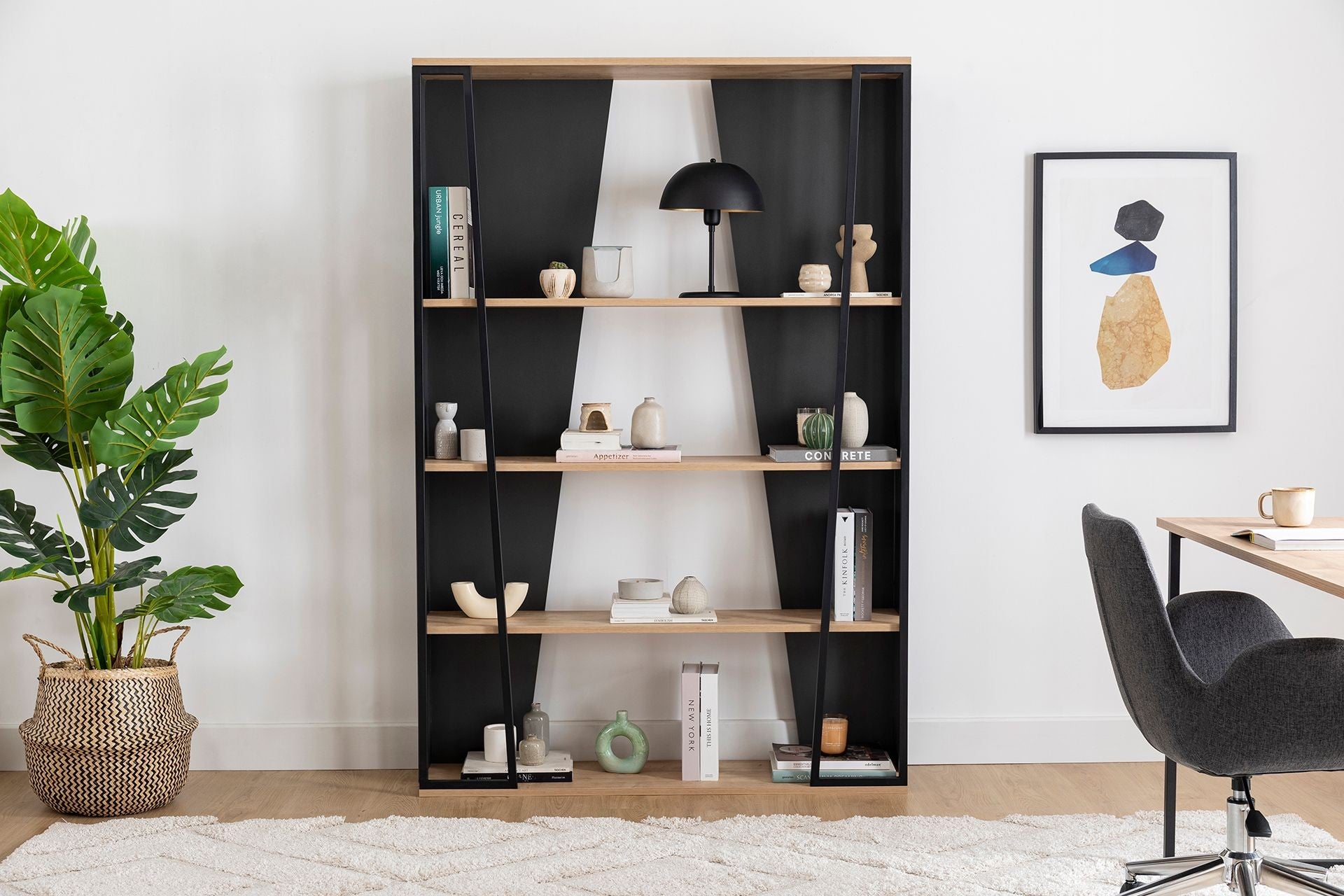 Estante de livros – 123.6cm x 32cm x 179.6cm – Safira, Antracite, Preto – Painel de partículas revestido a melamina