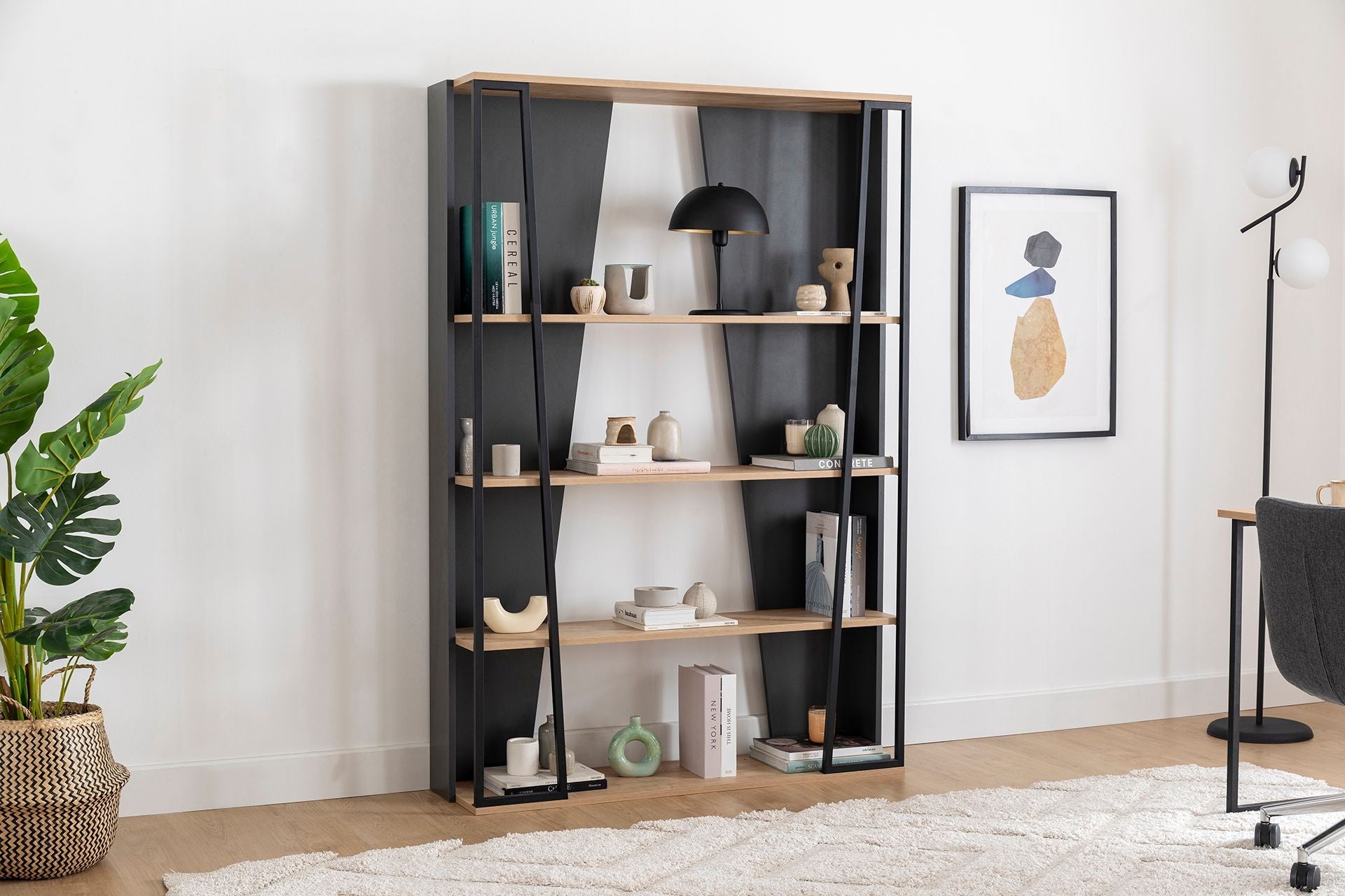 Estante de livros – 123.6cm x 32cm x 179.6cm – Safira, Antracite, Preto – Painel de partículas revestido a melamina