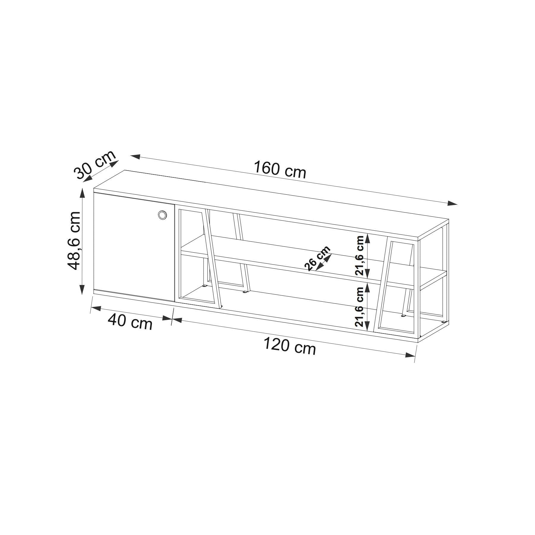 Móvel de TV – 160 cm x 30 cm x 48,6 cm – Safira e Branco – Painel de partículas e Metal