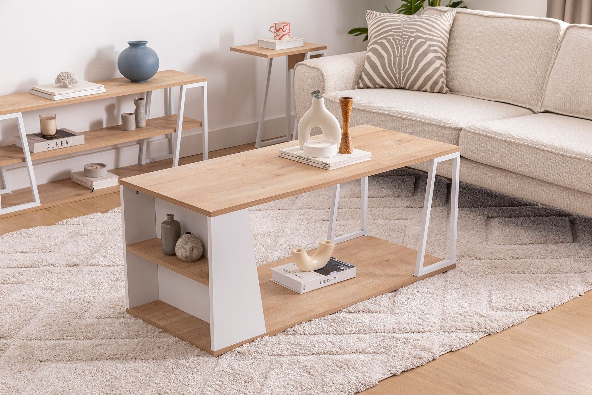 Mesa de Centro – 120cm x 50cm x 48.6cm – Safira e Branco – Melamina