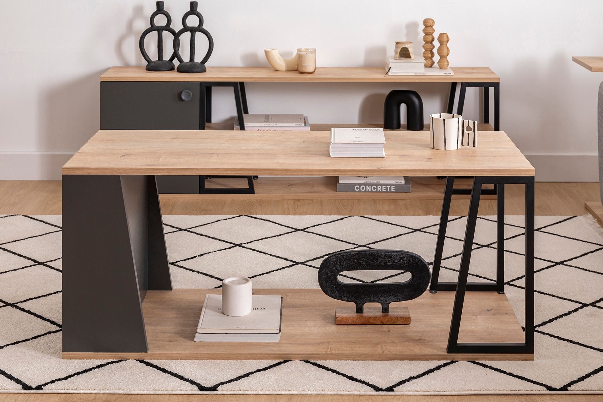 Mesa de Centro – 120 cm x 50 cm x 48.6 cm – Safira e Preto – Painel de Partículas Revestido a Melamina