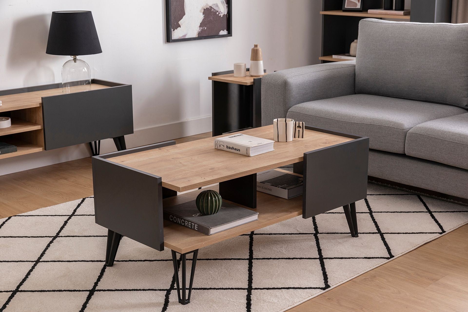 Mesa de Centro – 103.6cm x 53.6cm x 45.5cm – Antracite e Safira – Painéis de Partículas com Revestimento a Melamina