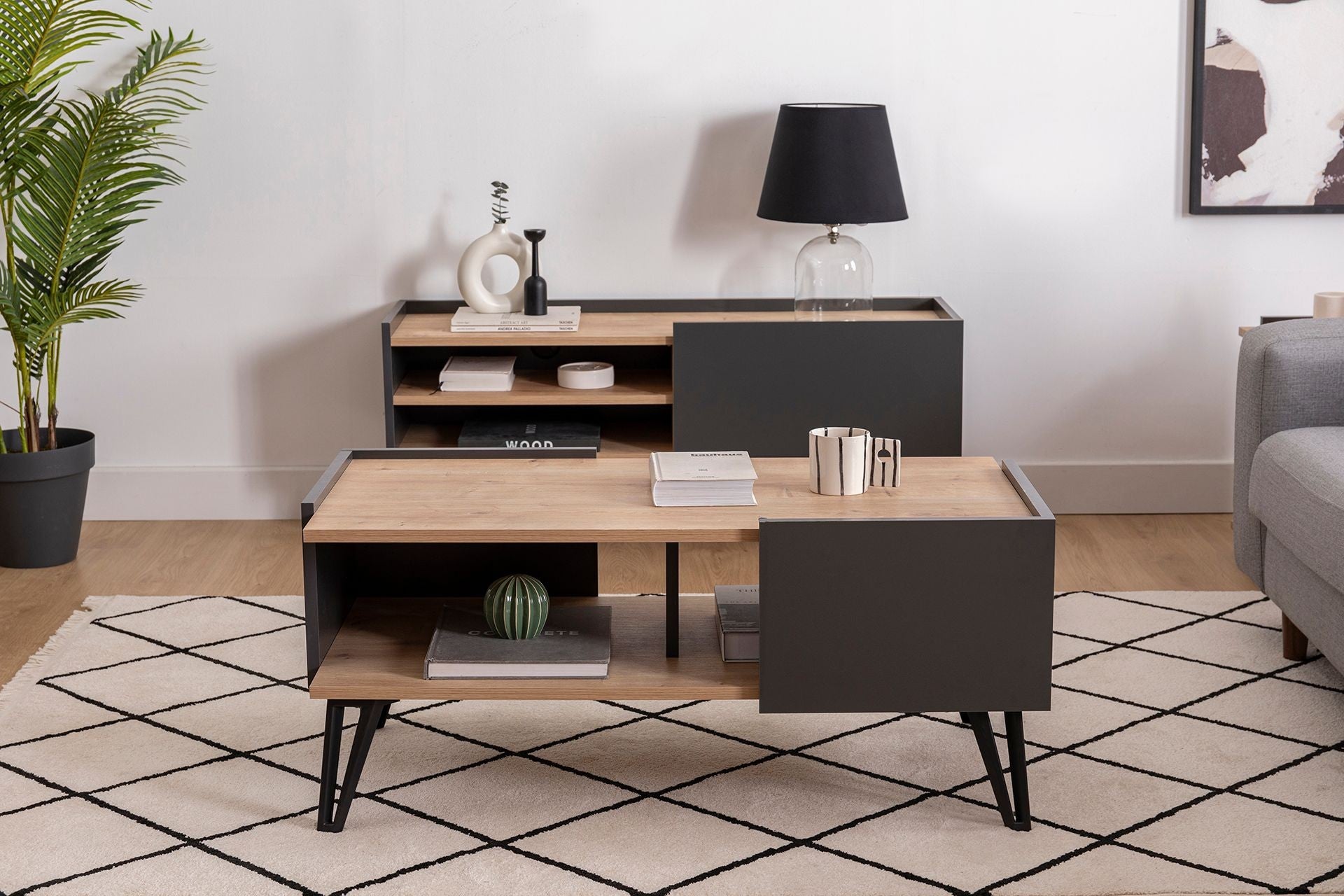 Mesa de Centro – 103.6cm x 53.6cm x 45.5cm – Antracite e Safira – Painéis de Partículas com Revestimento a Melamina