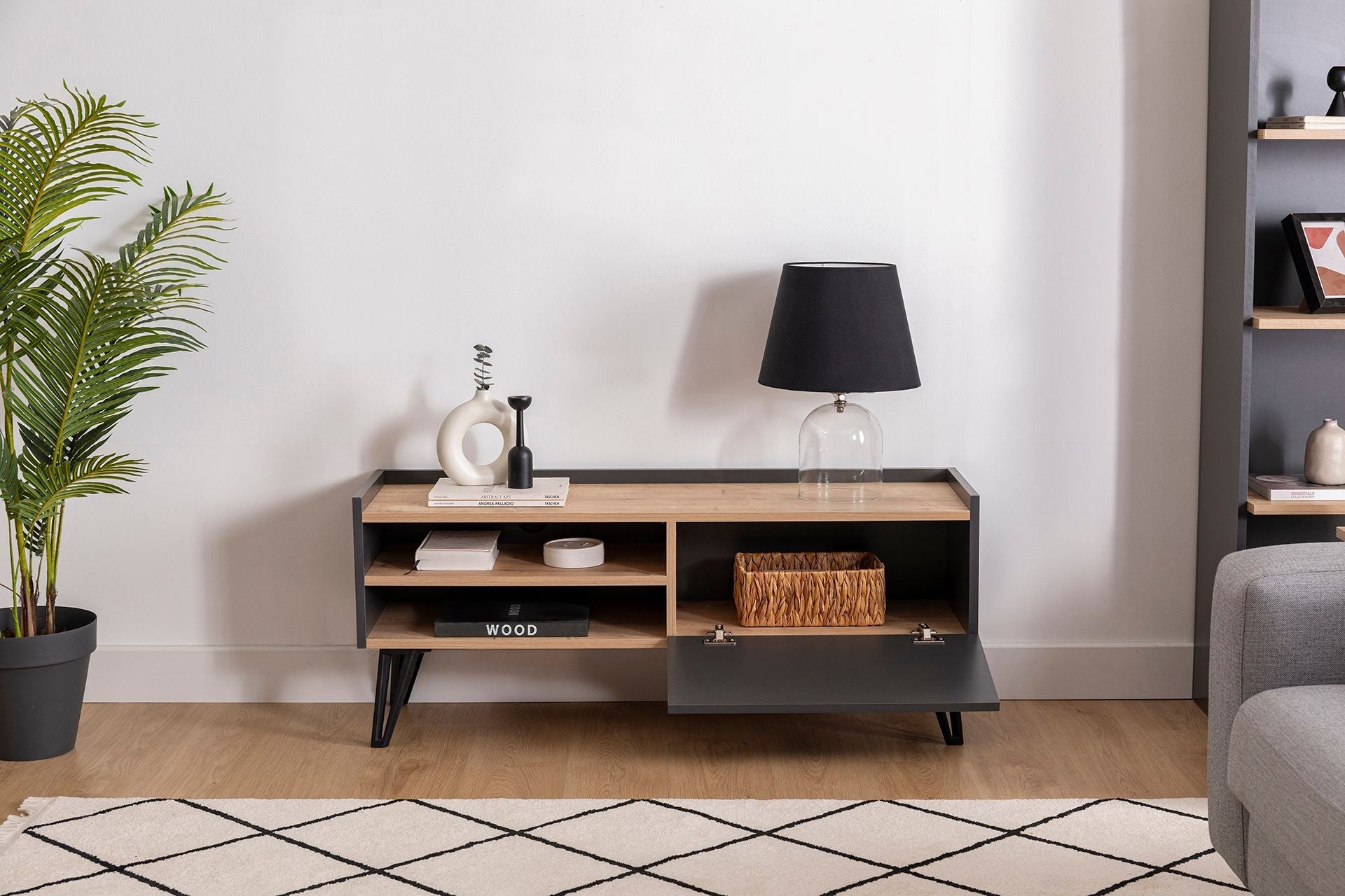 Móvel de TV – 120 cm x 38,6 cm x 49,6 cm – Safira e Antracite – Painel de partículas revestido a melamina