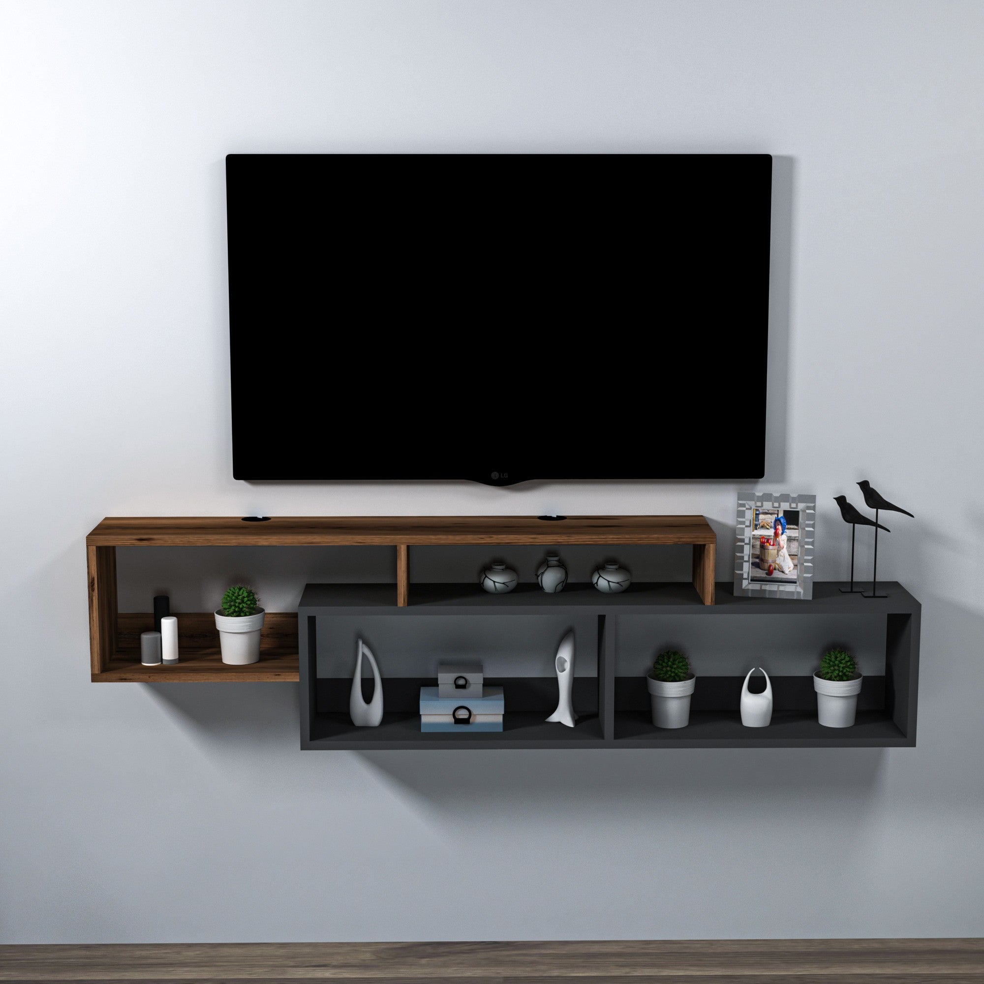 Móvel de TV – 160 cm x 42.4 cm x 22 cm – Nogueira Clara e Antracite – Painéis de Partículas Revestidos a Melamina