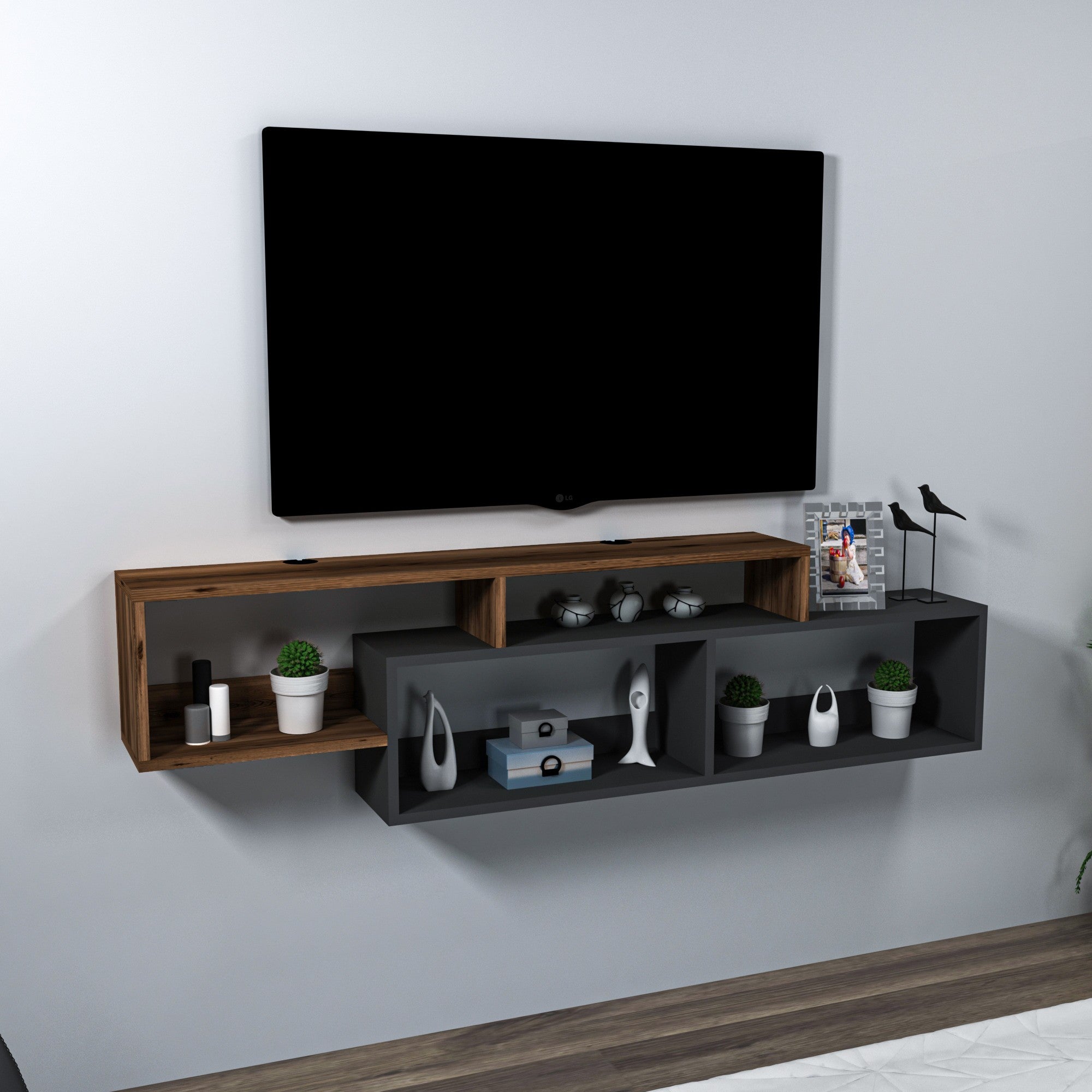 Móvel de TV – 160 cm x 42.4 cm x 22 cm – Nogueira Clara e Antracite – Painéis de Partículas Revestidos a Melamina