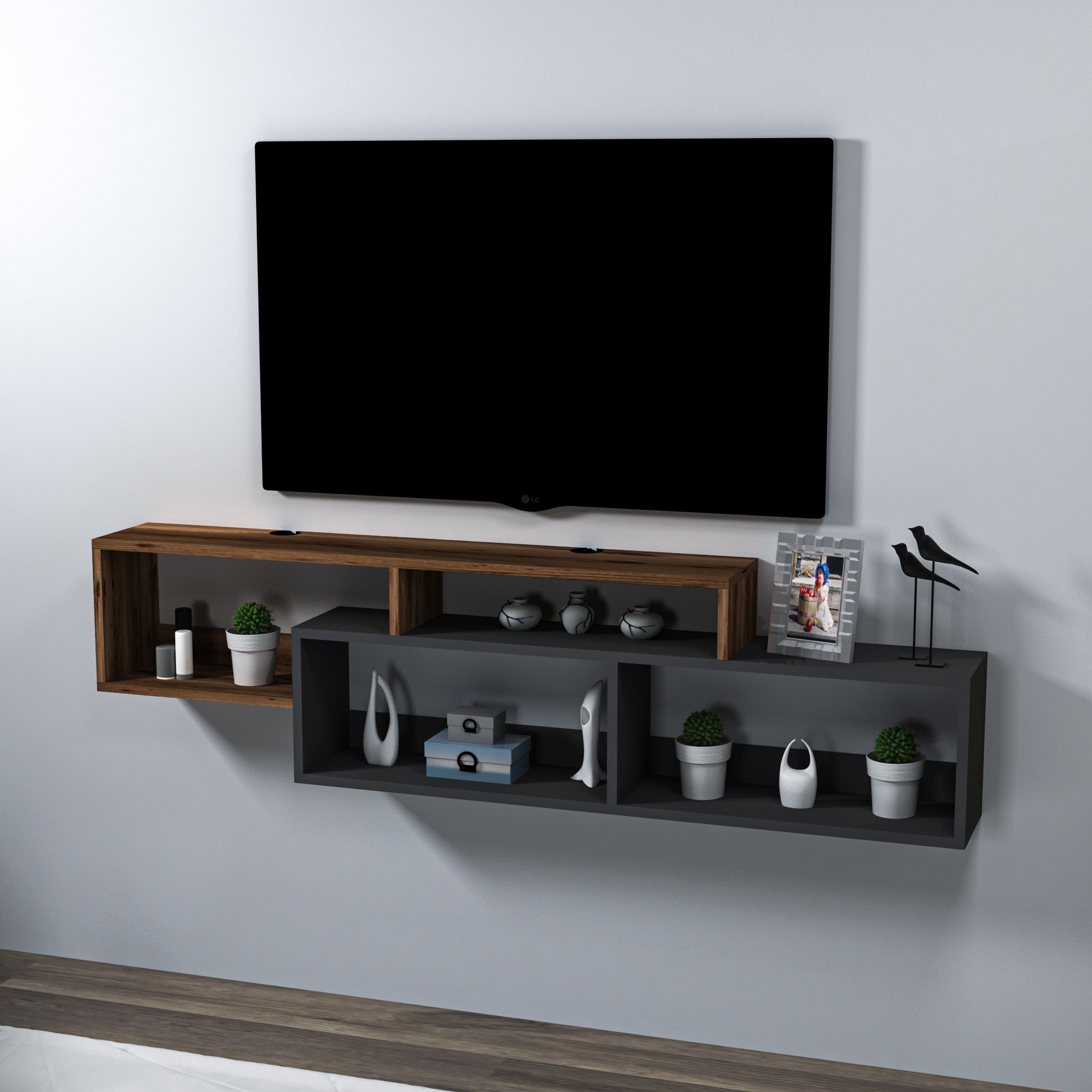 Móvel de TV – 160 cm x 42.4 cm x 22 cm – Nogueira Clara e Antracite – Painéis de Partículas Revestidos a Melamina