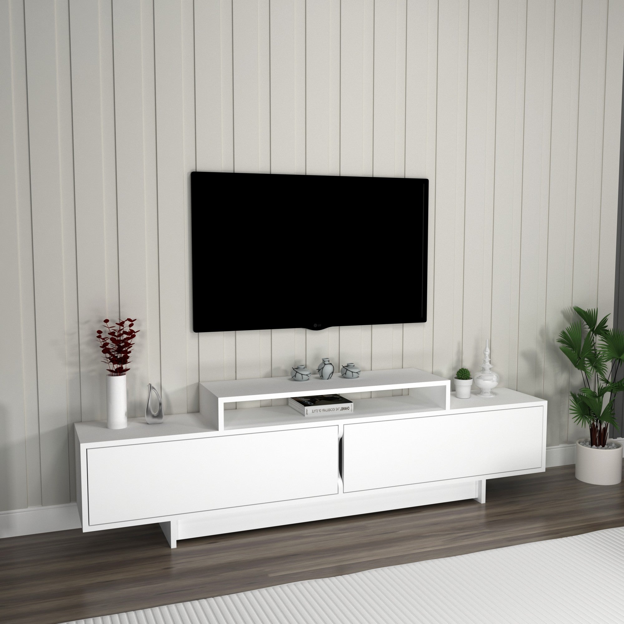 Móvel de TV – 180 cm x 50.2 cm x 29.6 cm – Branco – Painéis de partículas revestidos a melamina
