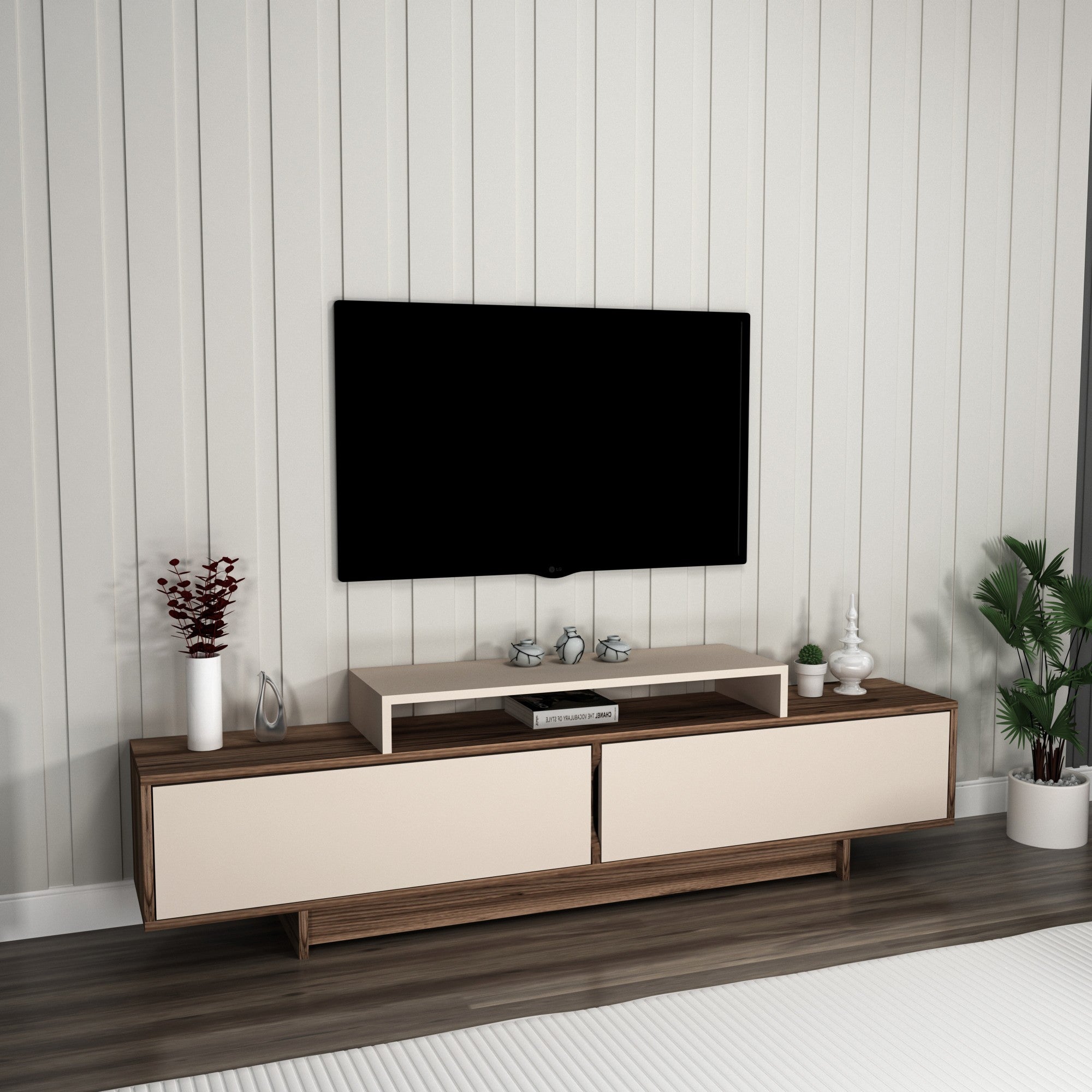 Móvel de TV – 180cm x 50.2cm x 29.6cm – Nogueira Claro e Bege – Painel de Partículas