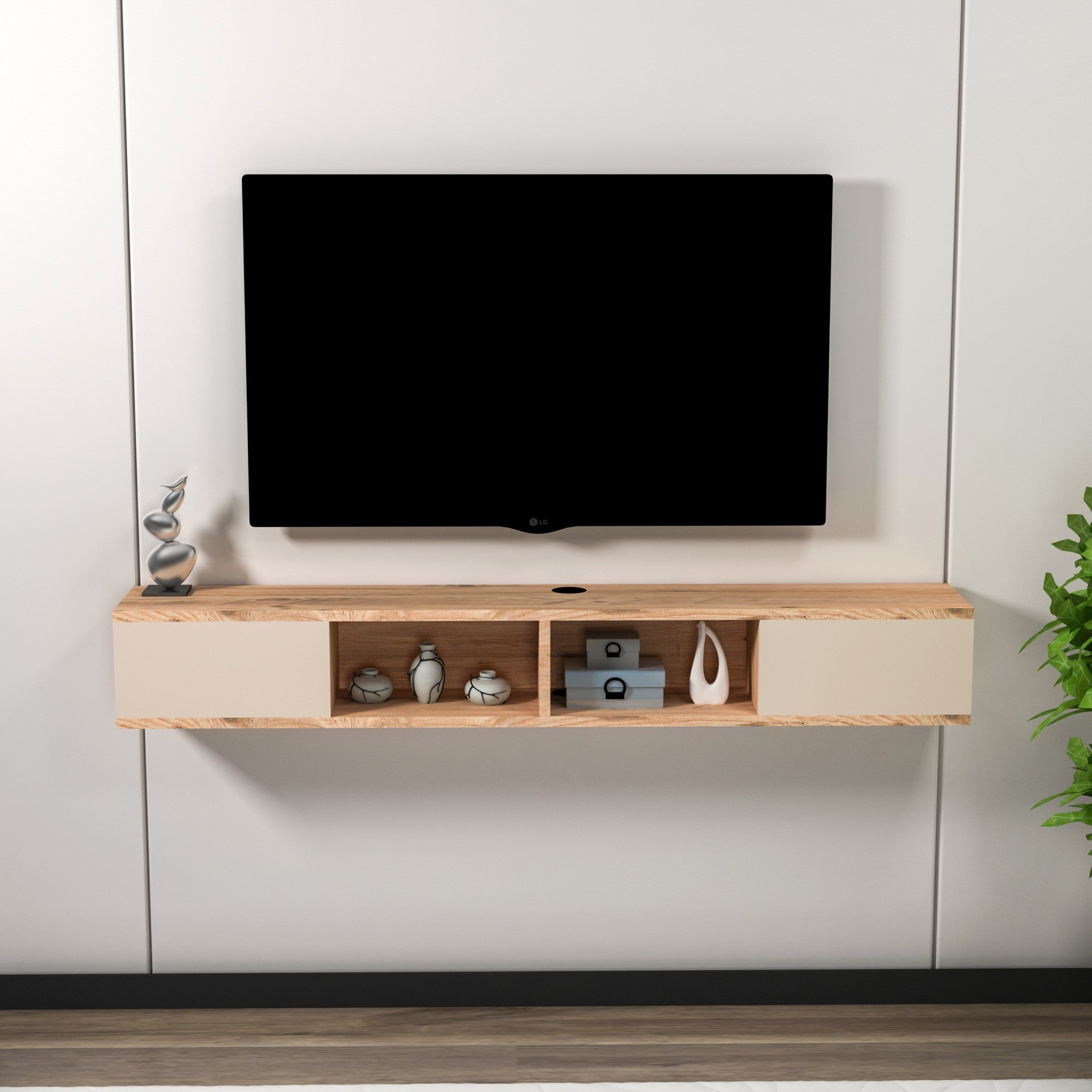 Móvel de TV – 140 cm – Bege e Pinho Atlântico – Painéis de Partículas Revestido a Melamina