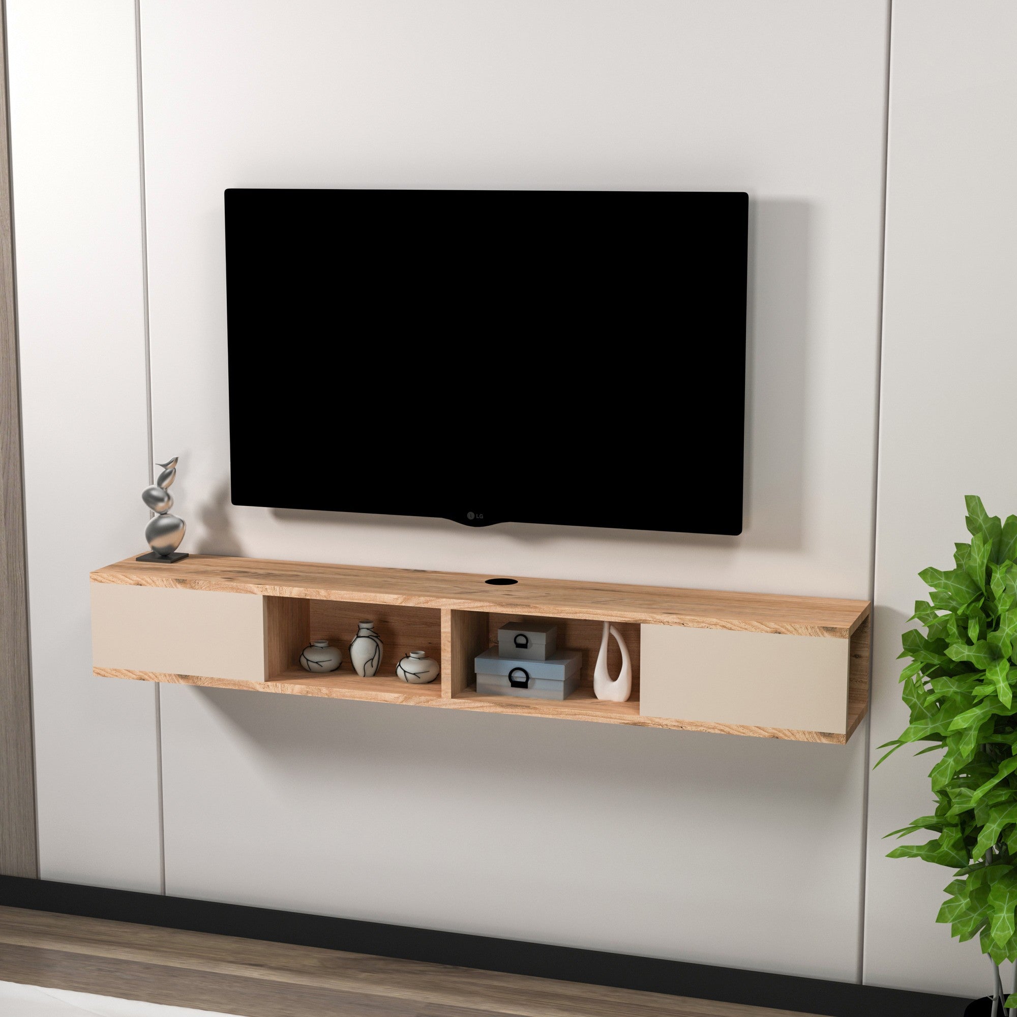 Móvel de TV – 140 cm – Bege e Pinho Atlântico – Painéis de Partículas Revestido a Melamina