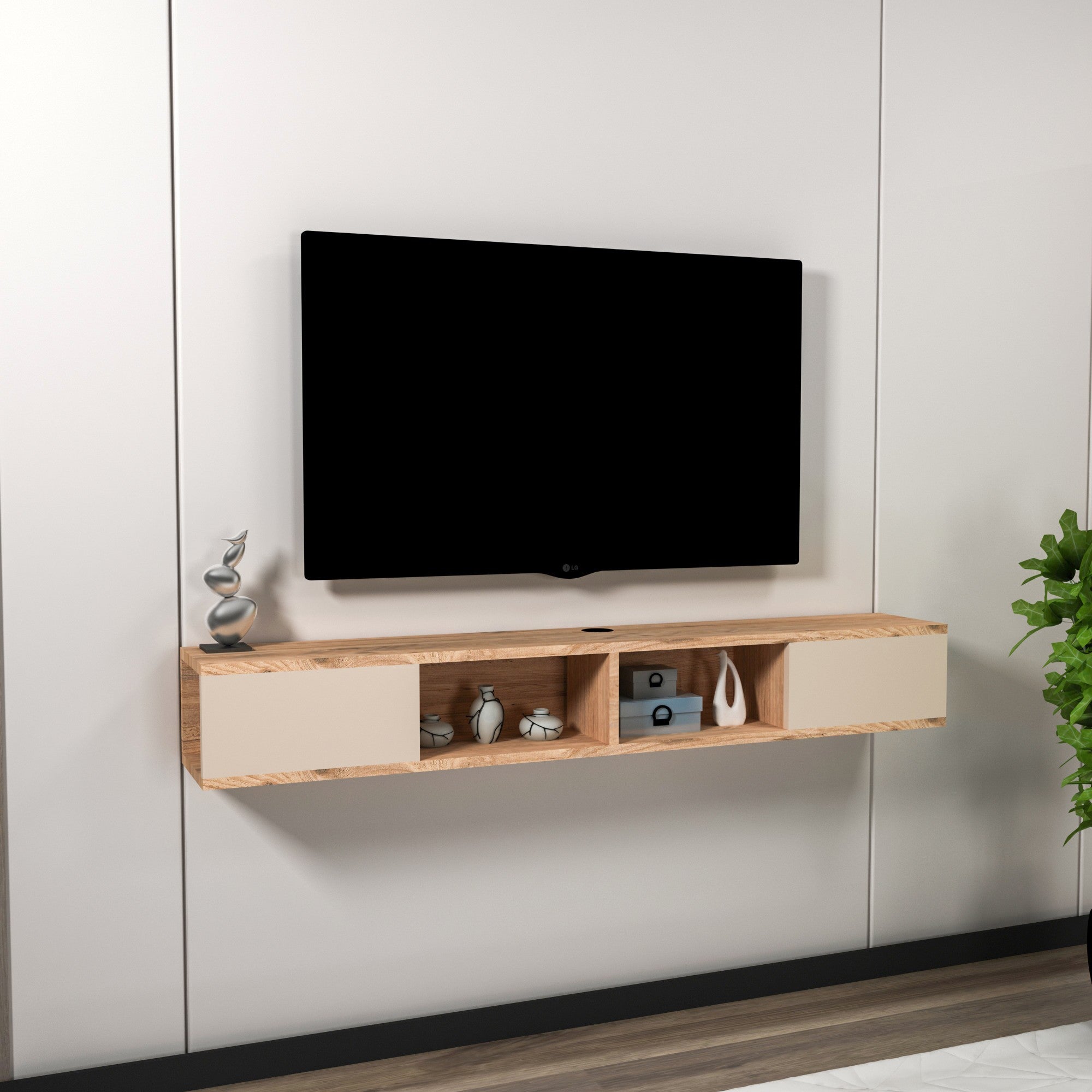 Móvel de TV – 140 cm – Bege e Pinho Atlântico – Painéis de Partículas Revestido a Melamina