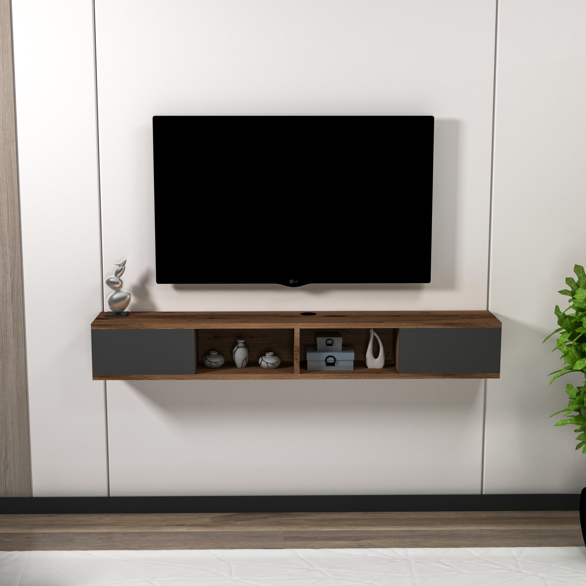 Móvel de TV – 140 cm x 19.6 cm x 22 cm – Nogueira clara e Antracite – Painel de Partículas revestido a Melamina