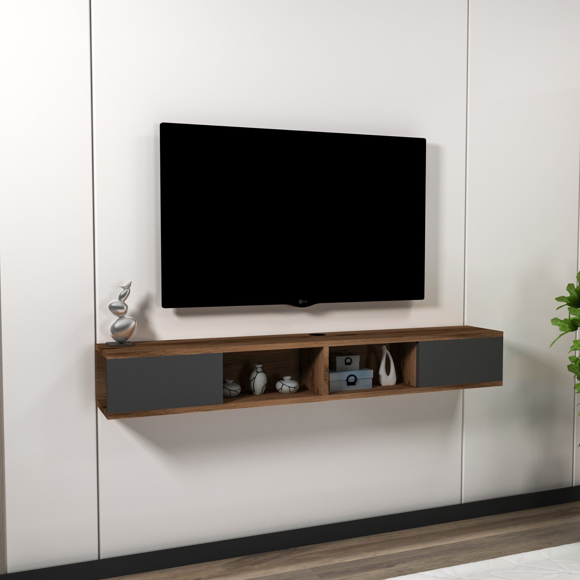 Móvel de TV – 140 cm x 19.6 cm x 22 cm – Nogueira clara e Antracite – Painel de Partículas revestido a Melamina