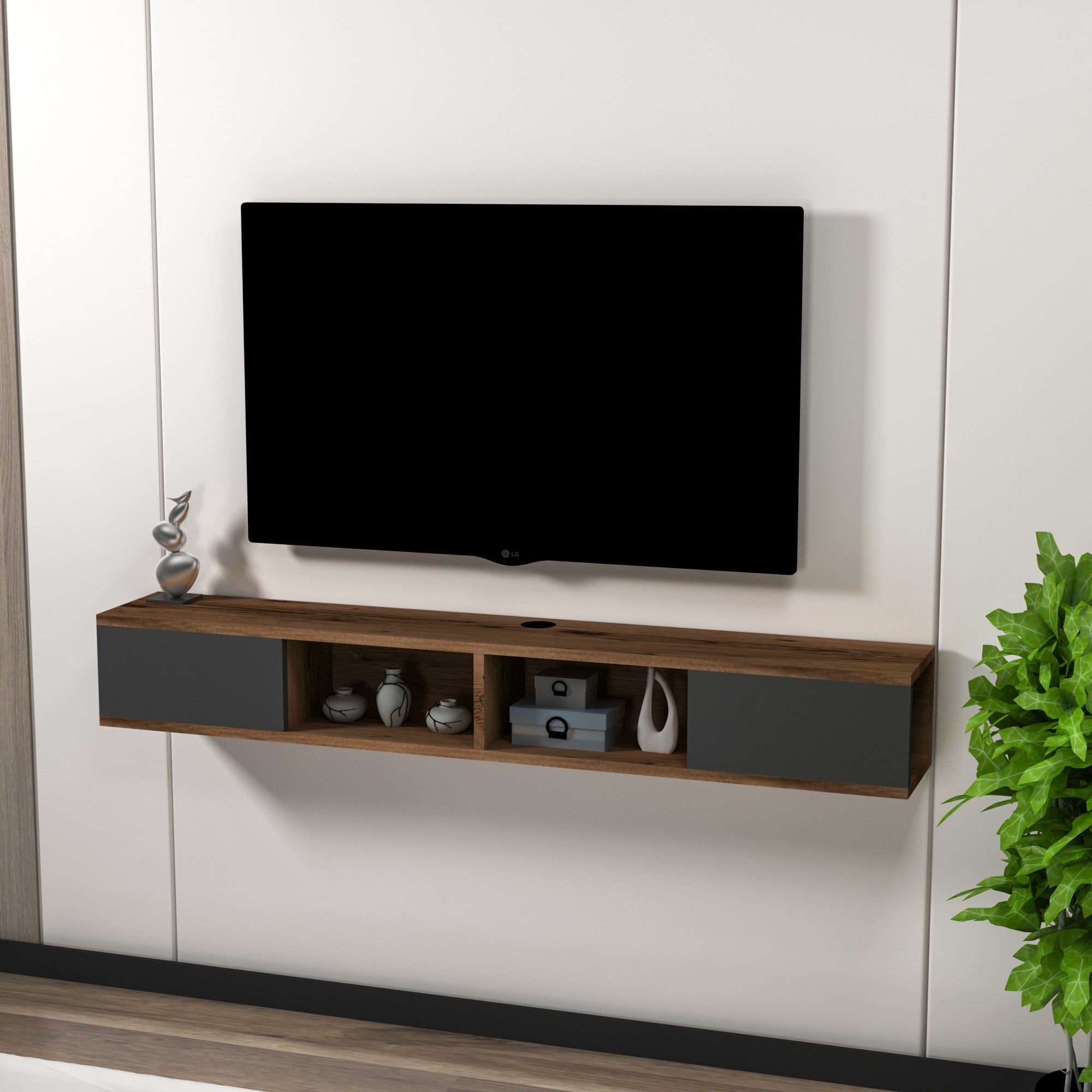 Móvel de TV – 140 cm x 19.6 cm x 22 cm – Nogueira clara e Antracite – Painel de Partículas revestido a Melamina