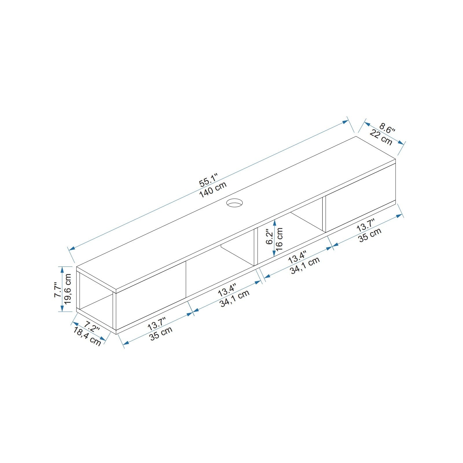 Móvel de TV – 140 cm x 19.6 cm x 22 cm – Nogueira clara e Antracite – Painel de Partículas revestido a Melamina