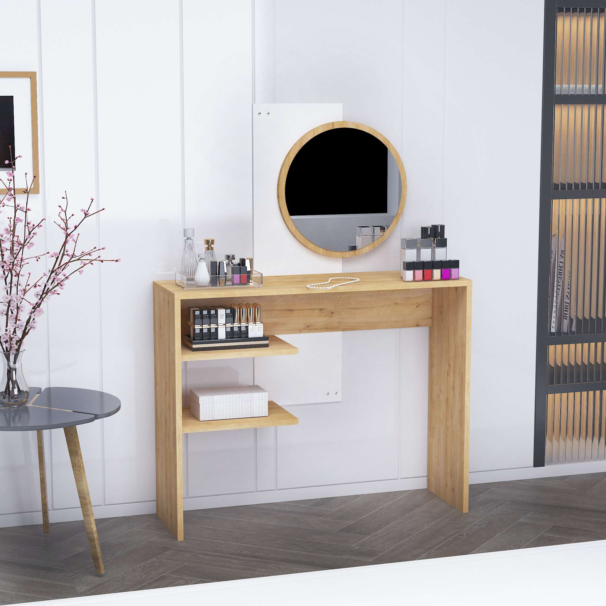 Toucador – 96 cm x 130 cm x 29,6 cm – Branco e Safira – Painel de partículas revestido em melamina