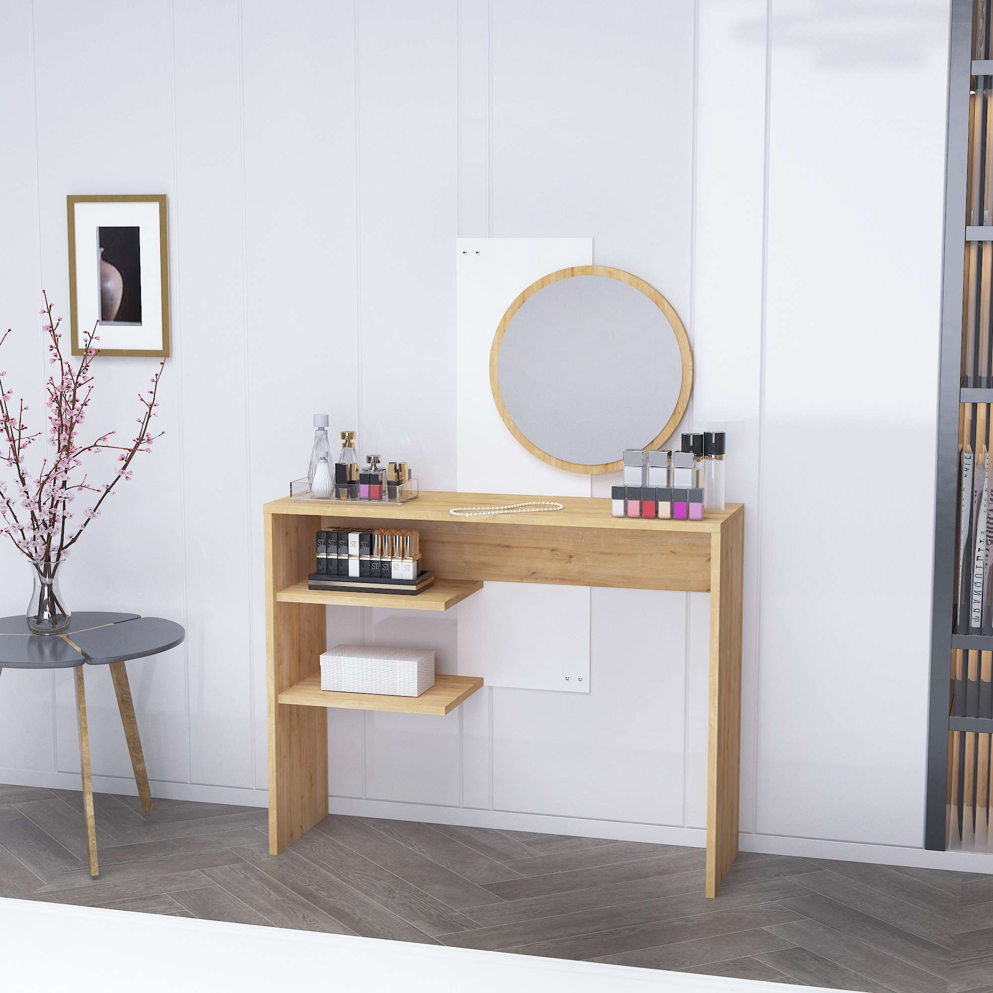 Toucador – 96 cm x 130 cm x 29,6 cm – Branco e Safira – Painel de partículas revestido em melamina