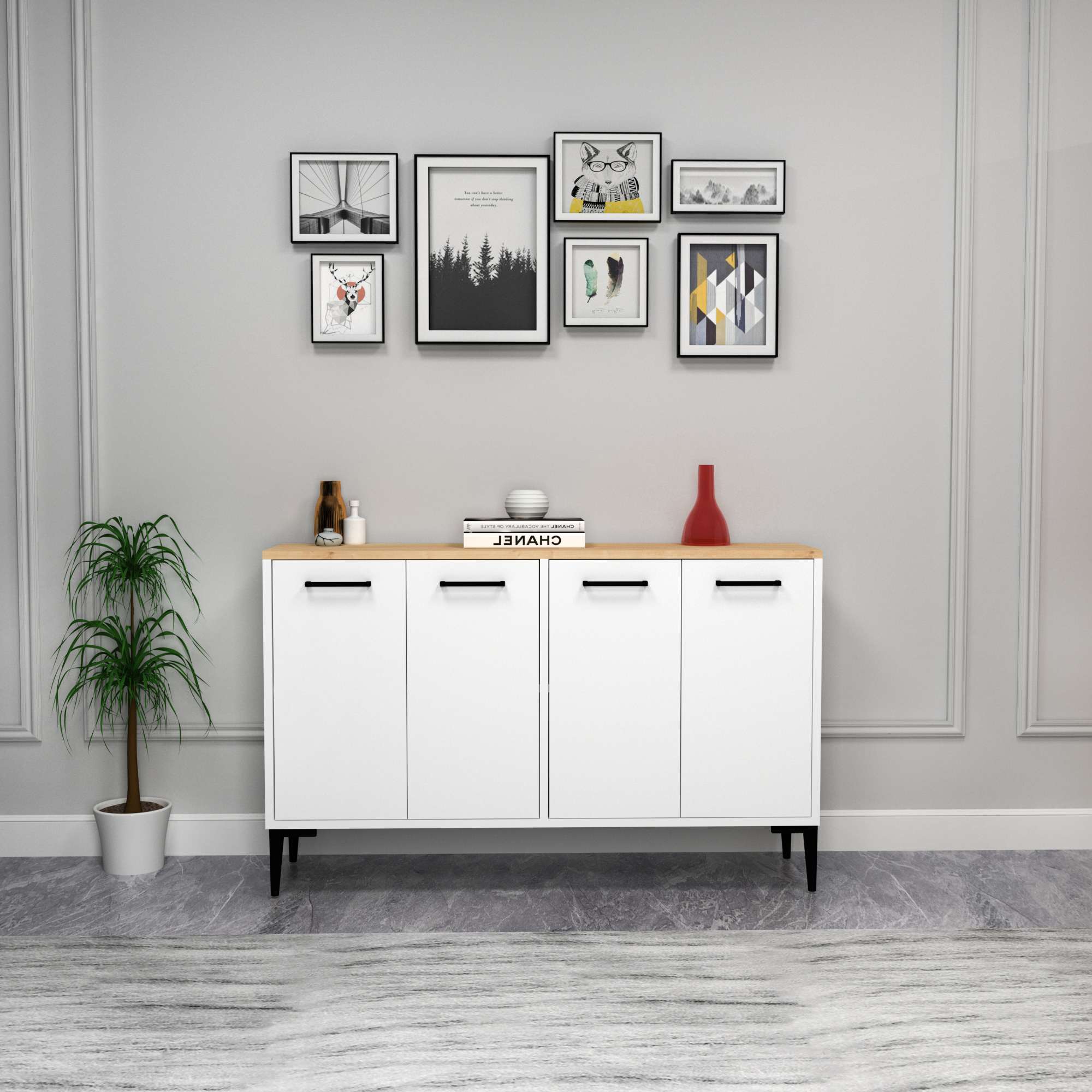 Aparador – 120 cm x 75 cm x 29,6 cm – Carvalho Safira e Branco – Aglomerado