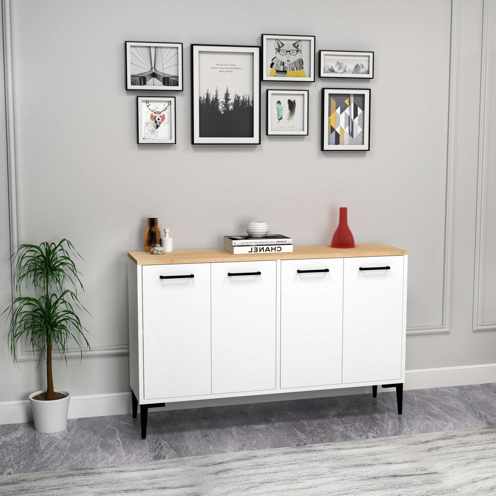 Aparador – 120 cm x 75 cm x 29,6 cm – Carvalho Safira e Branco – Aglomerado