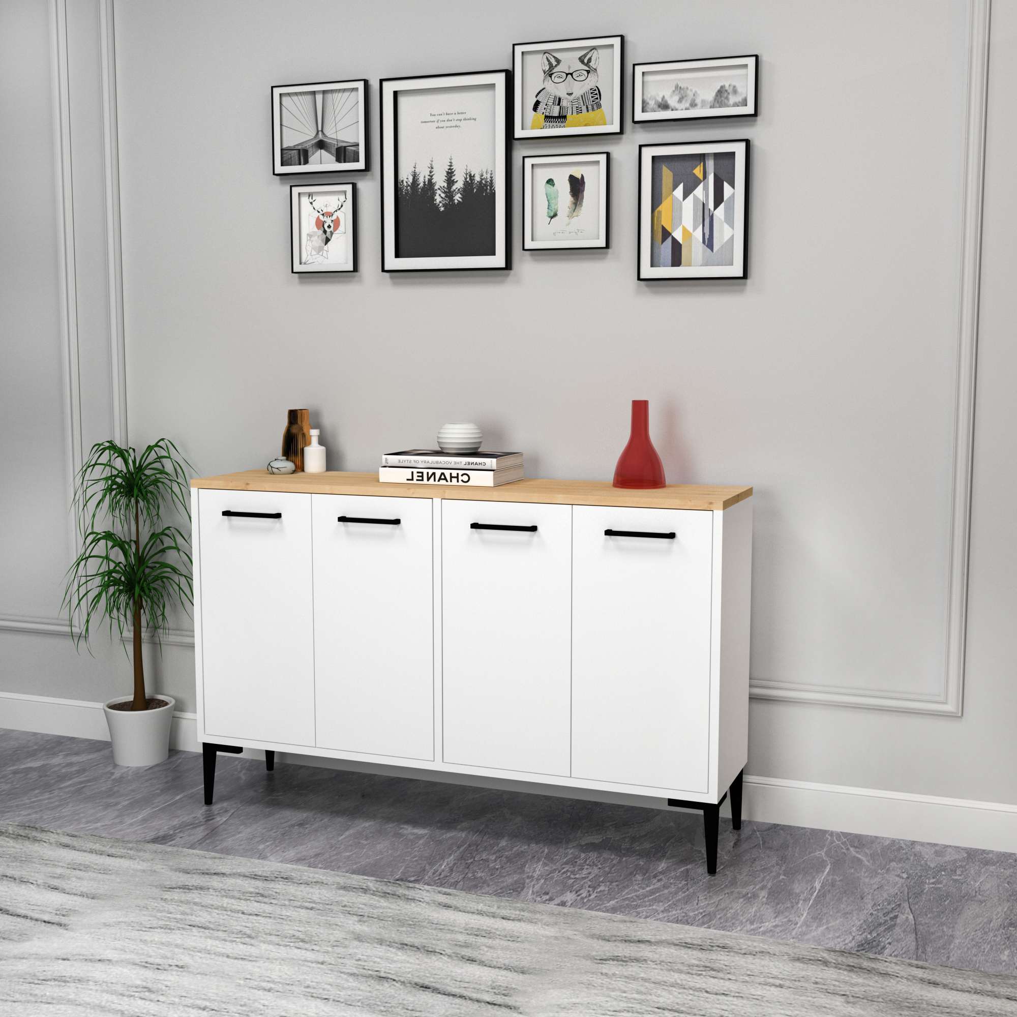 Aparador – 120 cm x 75 cm x 29,6 cm – Carvalho Safira e Branco – Aglomerado