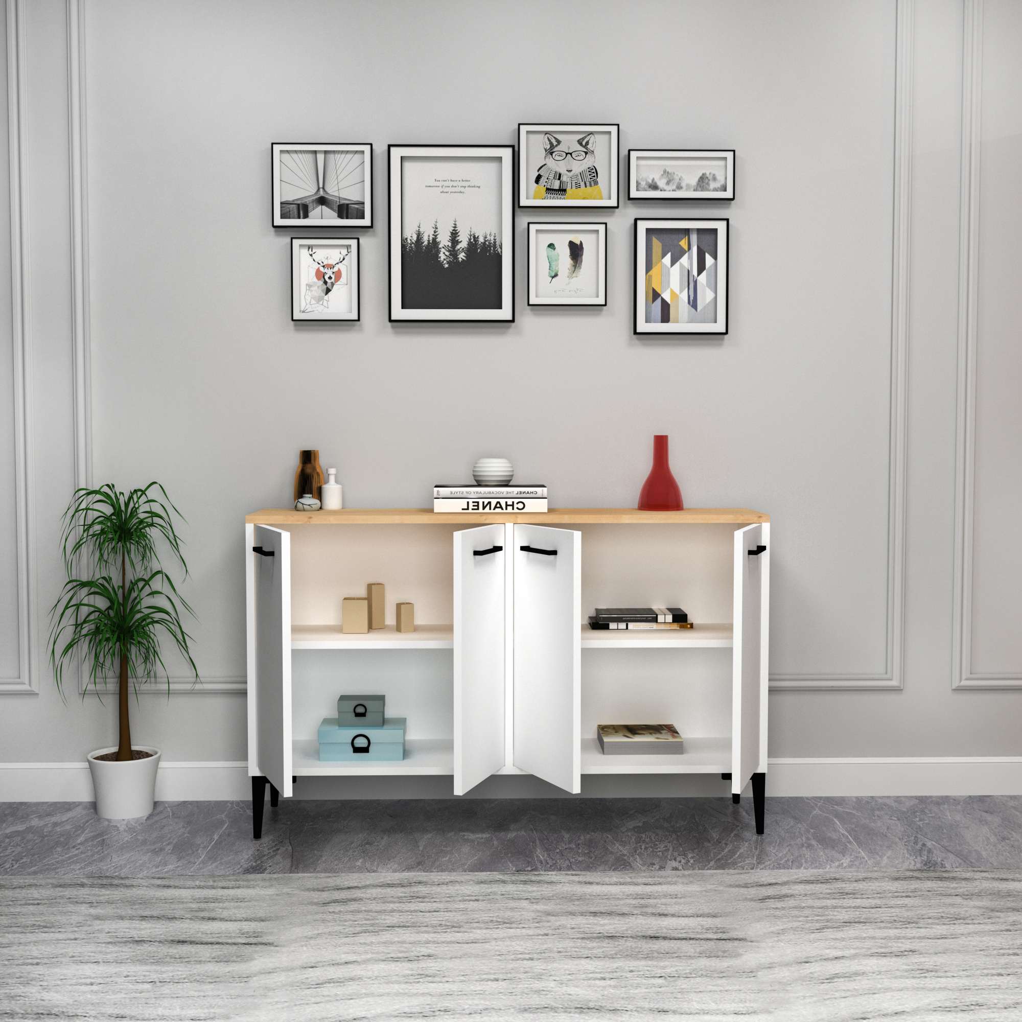 Aparador – 120 cm x 75 cm x 29,6 cm – Carvalho Safira e Branco – Aglomerado