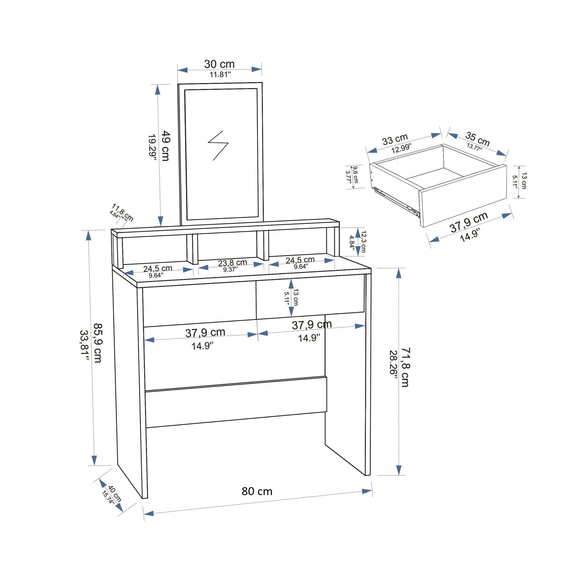 Toucador – 80 cm x 85,9 cm x 40 cm – Branco – Painel de partículas revestido em melamina