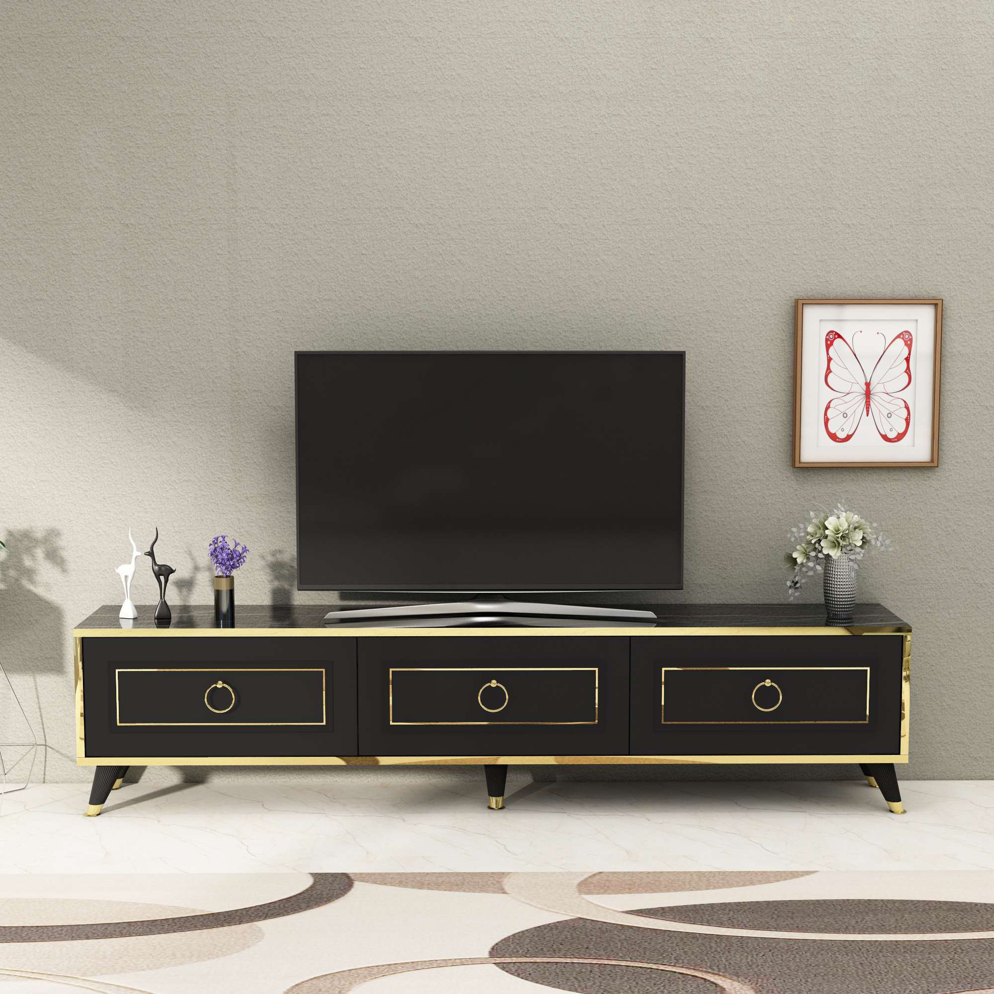 Móvel de TV – 180 cm x 45,5 cm x 29,5 cm – Preto e Dourado – Aglomerado revestido de melamina