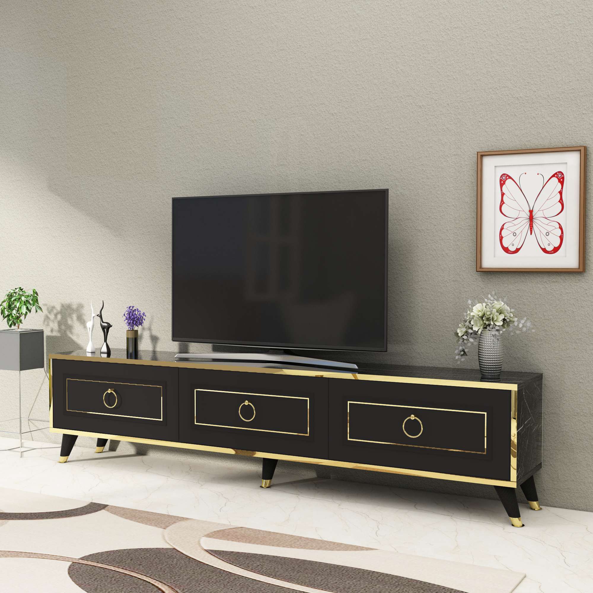 Móvel de TV – 180 cm x 45,5 cm x 29,5 cm – Preto e Dourado – Aglomerado revestido de melamina