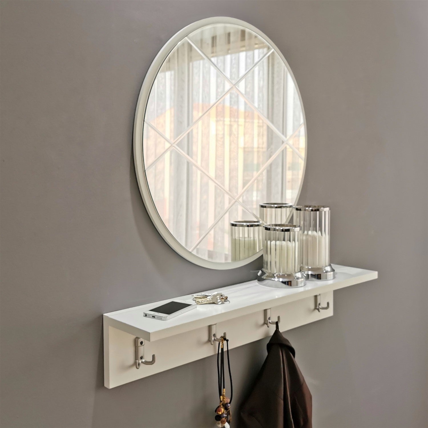 Suporte de hall moderno com espelho e prateleira de parede, branco, 80 x 15 x 15 cm | 100% MDF, montado, suporte multiuso para entrada elegante