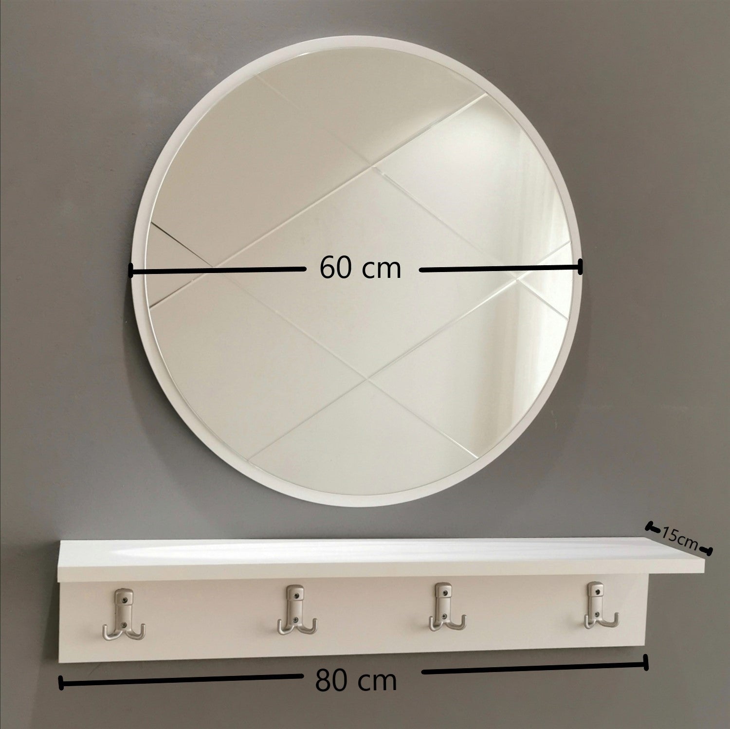 Suporte de hall moderno com espelho e prateleira de parede, branco, 80 x 15 x 15 cm | 100% MDF, montado, suporte multiuso para entrada elegante