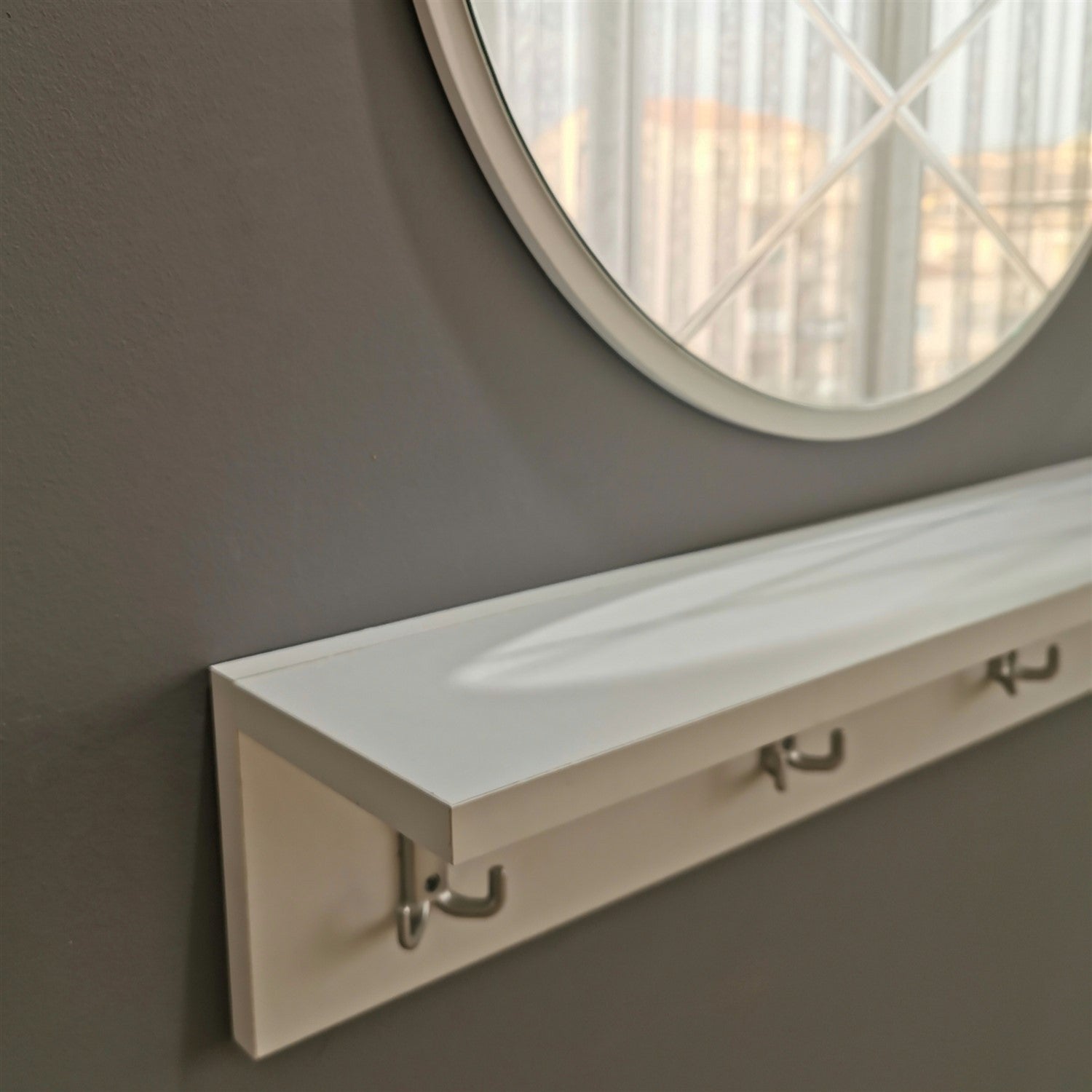 Suporte de hall moderno com espelho e prateleira de parede, branco, 80 x 15 x 15 cm | 100% MDF, montado, suporte multiuso para entrada elegante