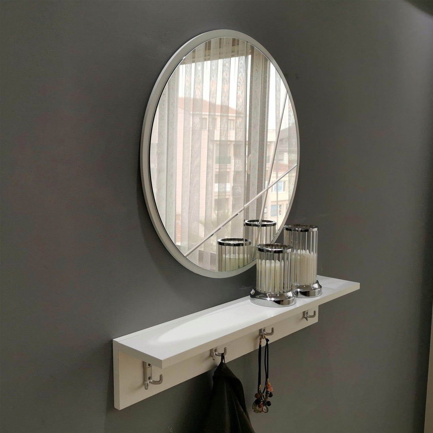 Suporte de hall moderno com espelho e prateleira de parede, branco, 80 x 15 x 15 cm | 100% MDF, montado, suporte multiuso para entrada elegante