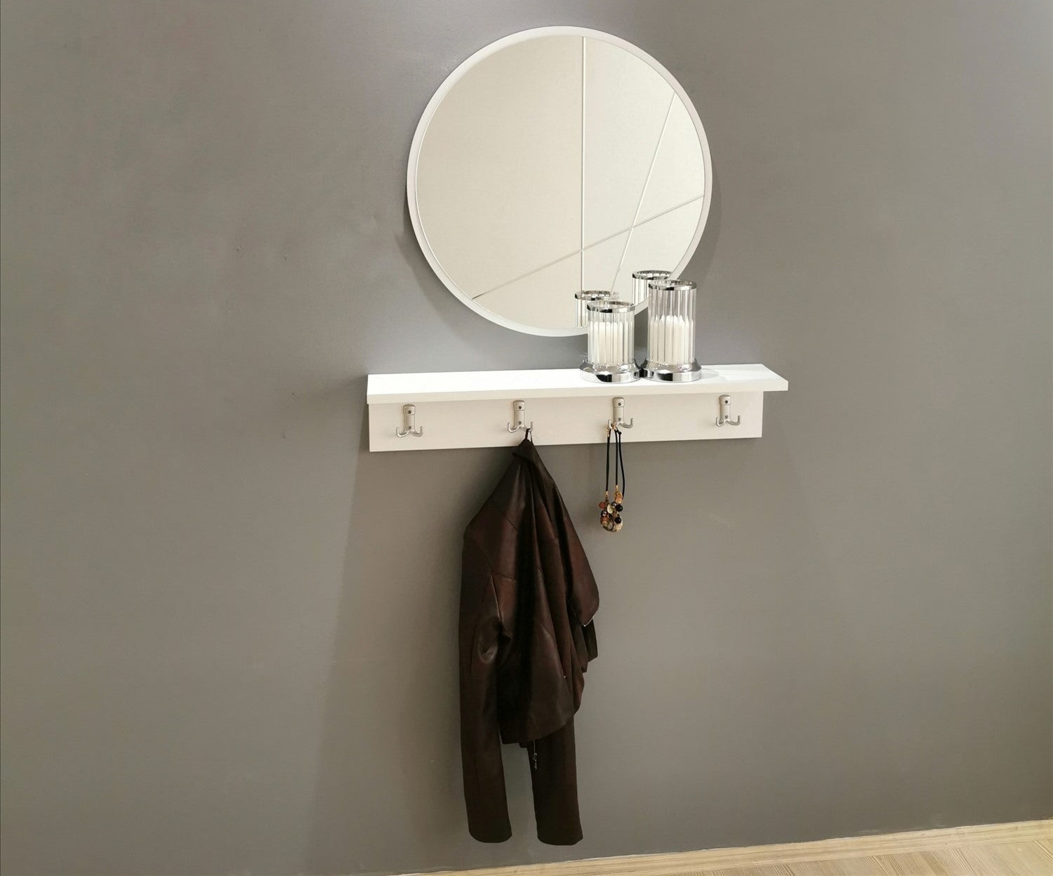 Suporte de hall moderno com espelho e prateleira de parede, branco, 80 x 15 x 15 cm | 100% MDF, montado, suporte multiuso para entrada elegante