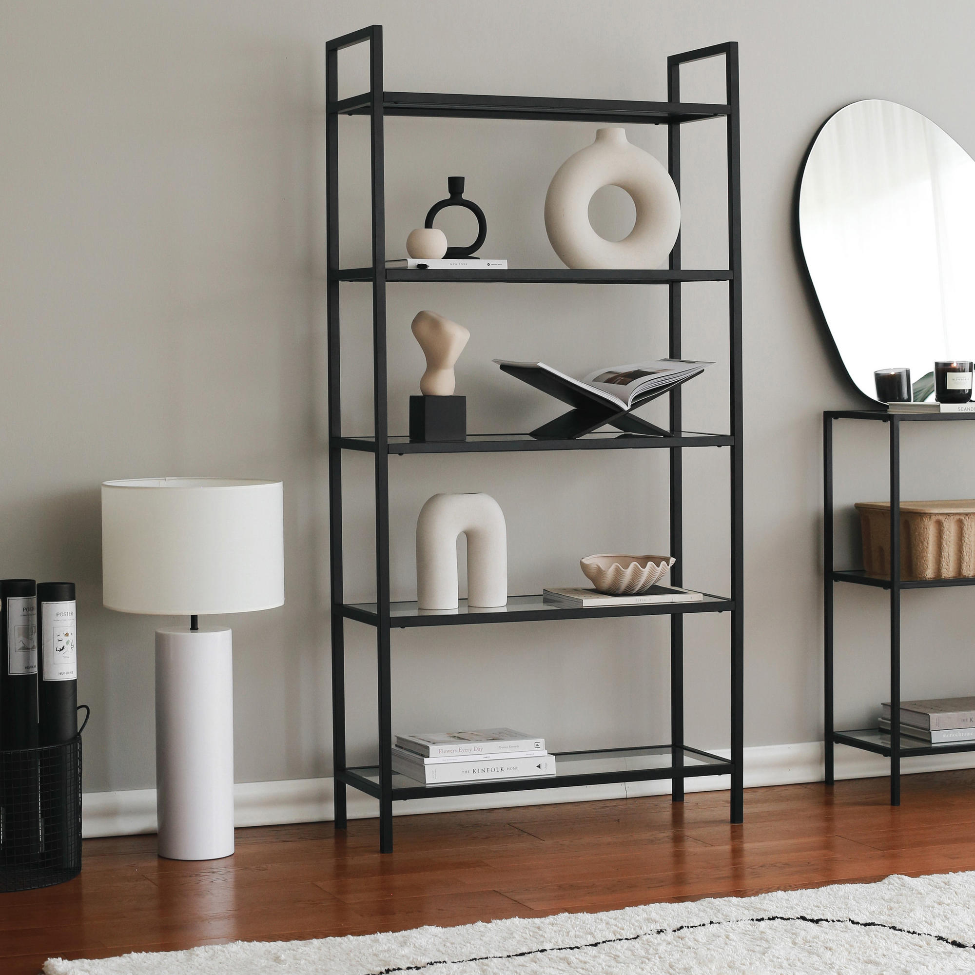 Estante industrial moderna, estrutura de metal preta e vidro temperado 100%, 80 x 165 x 30 cm | Vidro de 4 mm, montável na parede, design elegante e funcional