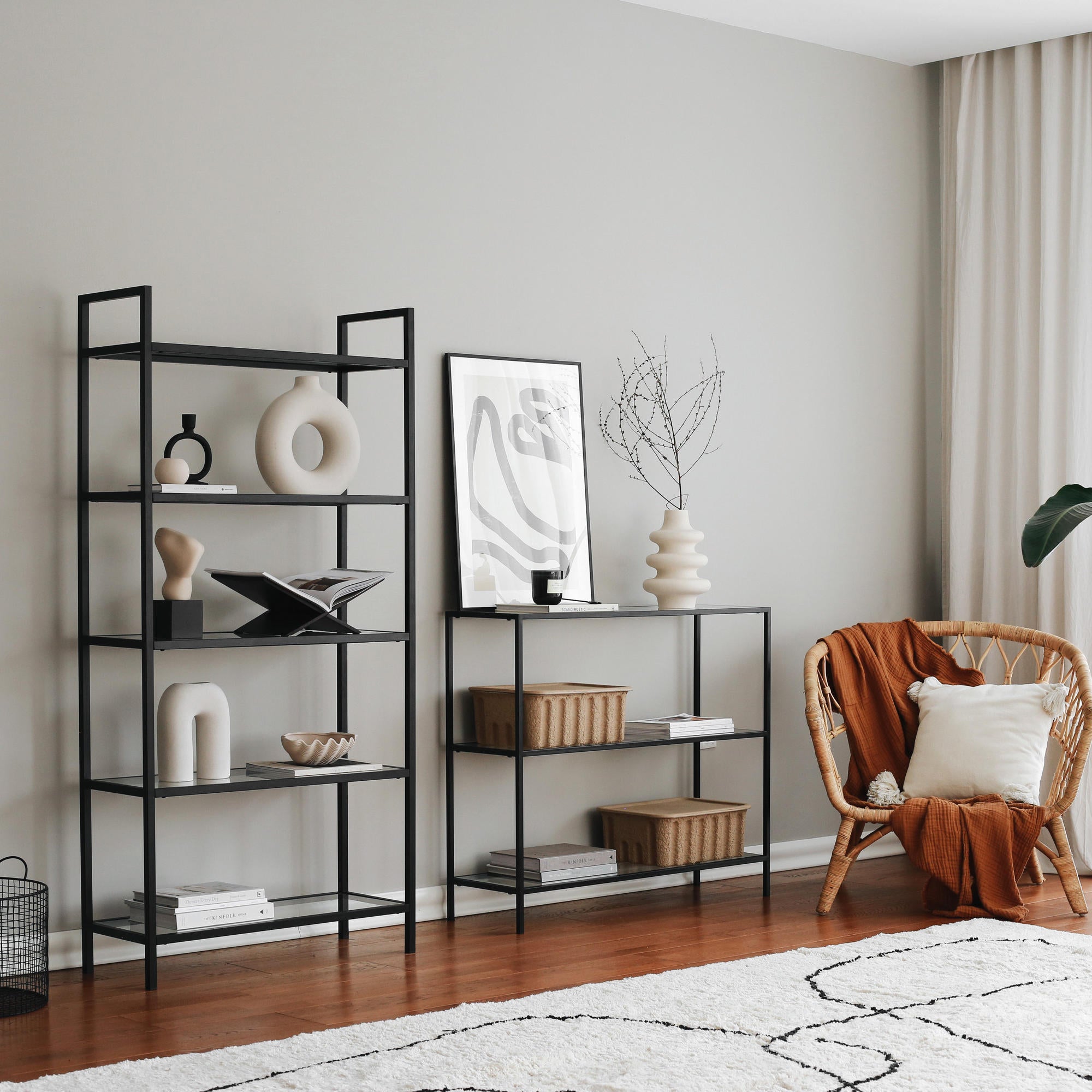 Estante industrial moderna, estrutura de metal preta e vidro temperado 100%, 80 x 165 x 30 cm | Vidro de 4 mm, montável na parede, design elegante e funcional
