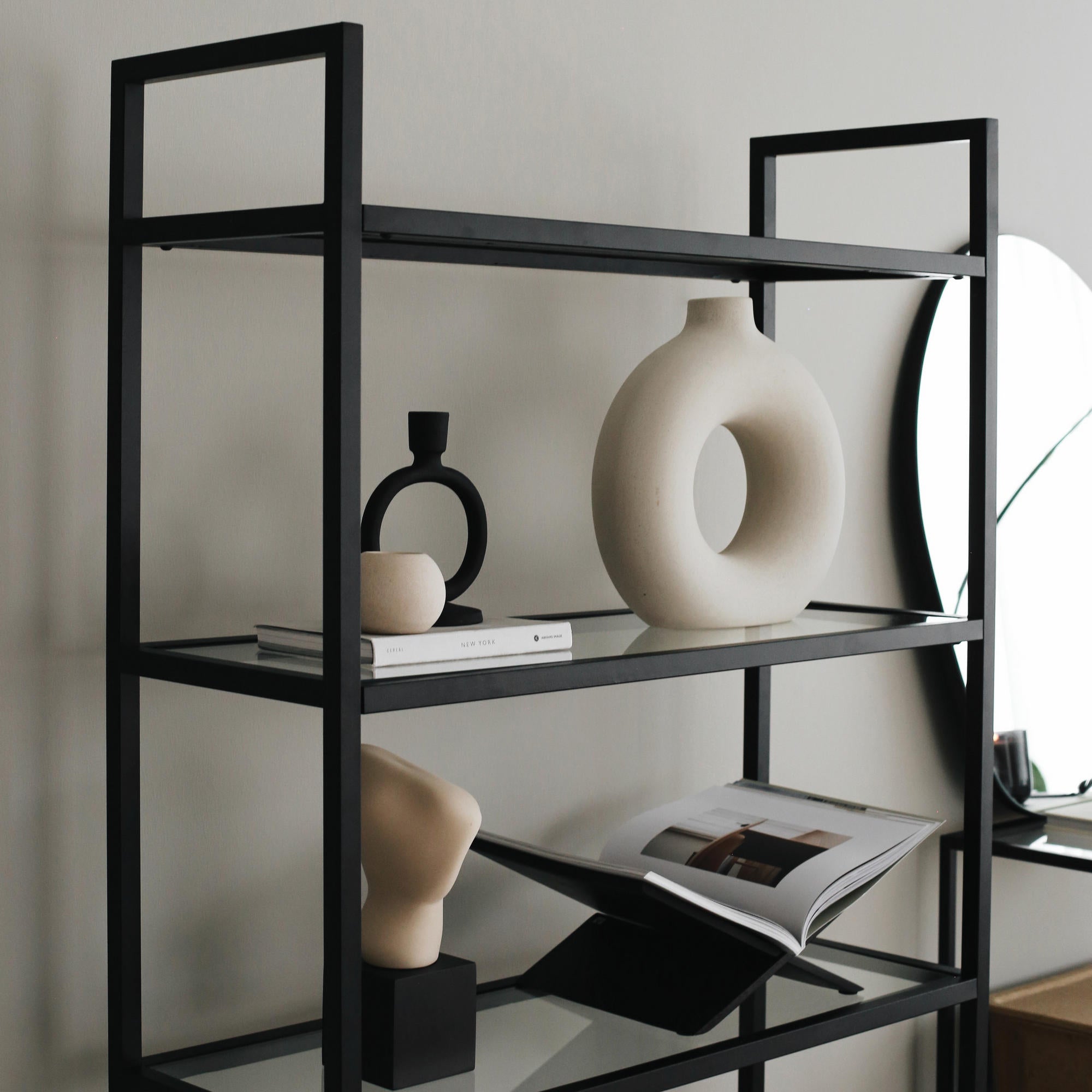 Estante industrial moderna, estrutura de metal preta e vidro temperado 100%, 80 x 165 x 30 cm | Vidro de 4 mm, montável na parede, design elegante e funcional