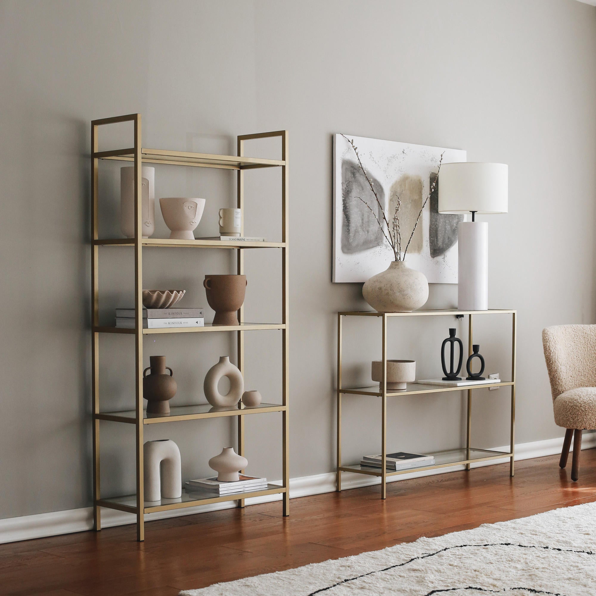 Estante moderna dourada, 80 cm x 165 cm x 30 cm | Estrutura 100% em vidro temperado e metal, montável na parede, capacidade para 35 kg, design elegante e funcional